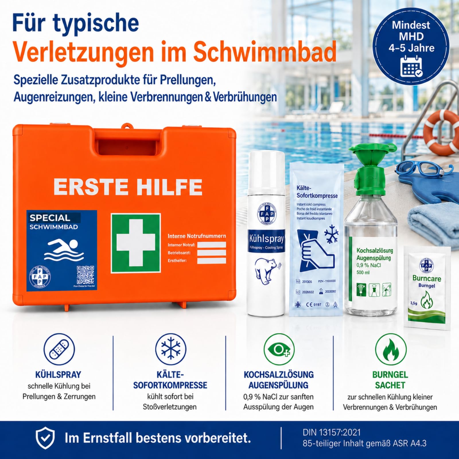 FAP Erste-Hilfe-Koffer Schwimmbad DIN 13157 gefüllt - Orange | Beatmungstuch & Kältekompresse | Pool Aqua Freibad Hallenbad Wassersport ABS Kunststoff, Betriebsverbandkasten Wandhalterung -33×42×15 cm