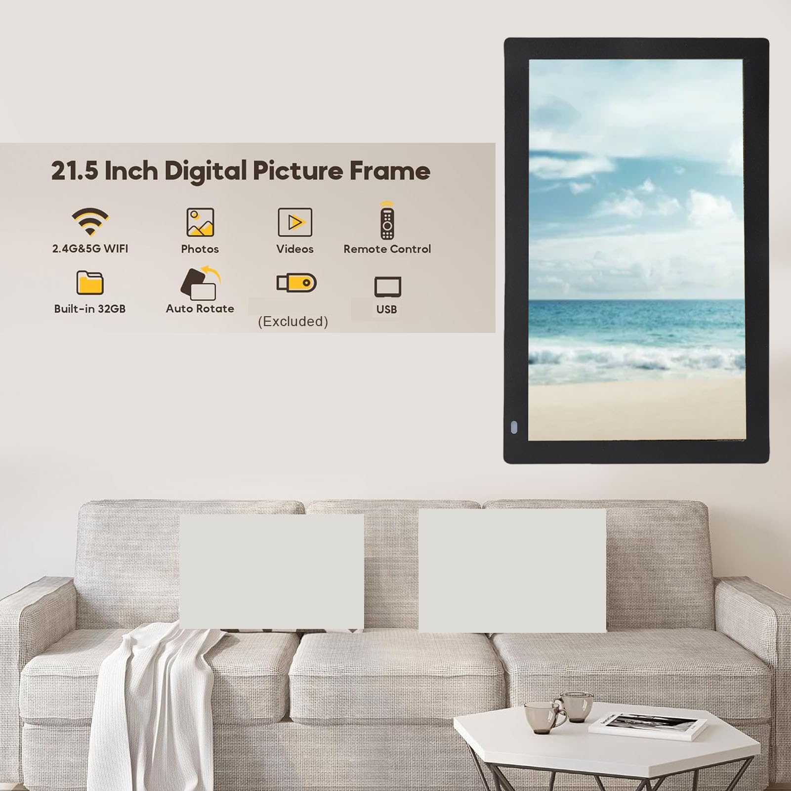 Bewinner Cadre Photo Numérique 14 Pouces, Cadre Photo Numérique WiFi avec 32 Go de Stockage, écran LED FHD 1366 X 768, Table et Montage Mural, Partagez Instantanément des Photos ou des (Prise UE)