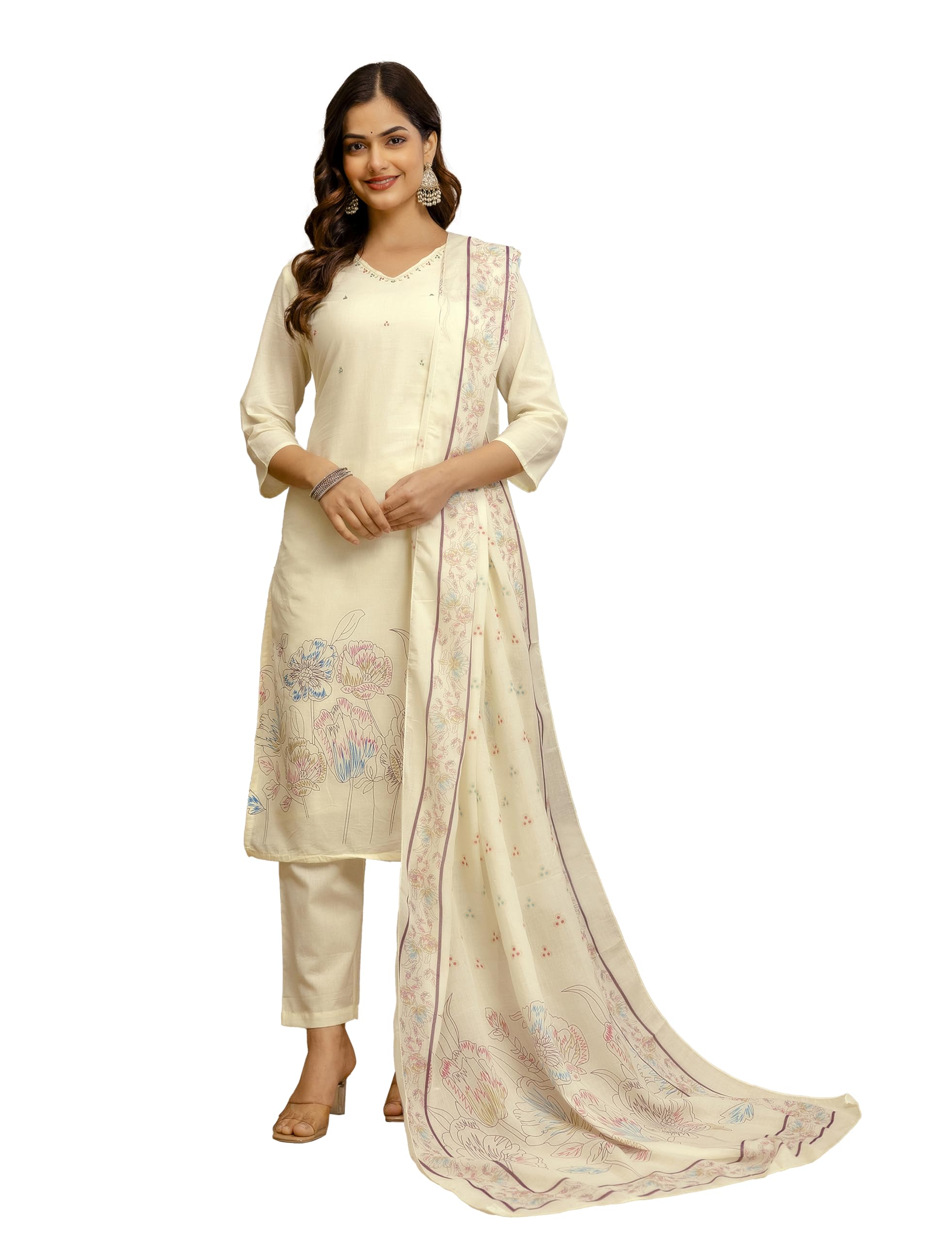 trendmalls Women’s Jaipuri Pure Cotton Floral Print Kurta Pant with Dupatta Set | Embroidery Neck Work Kurta Set Ethnic Wear-picture-25