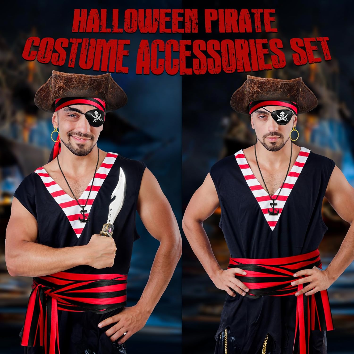 Capoda 6 Pcs Pirate Costume Accessories Set for Women Men Adult Pirate Outfit Cosplay (Black and Red) - Image 2