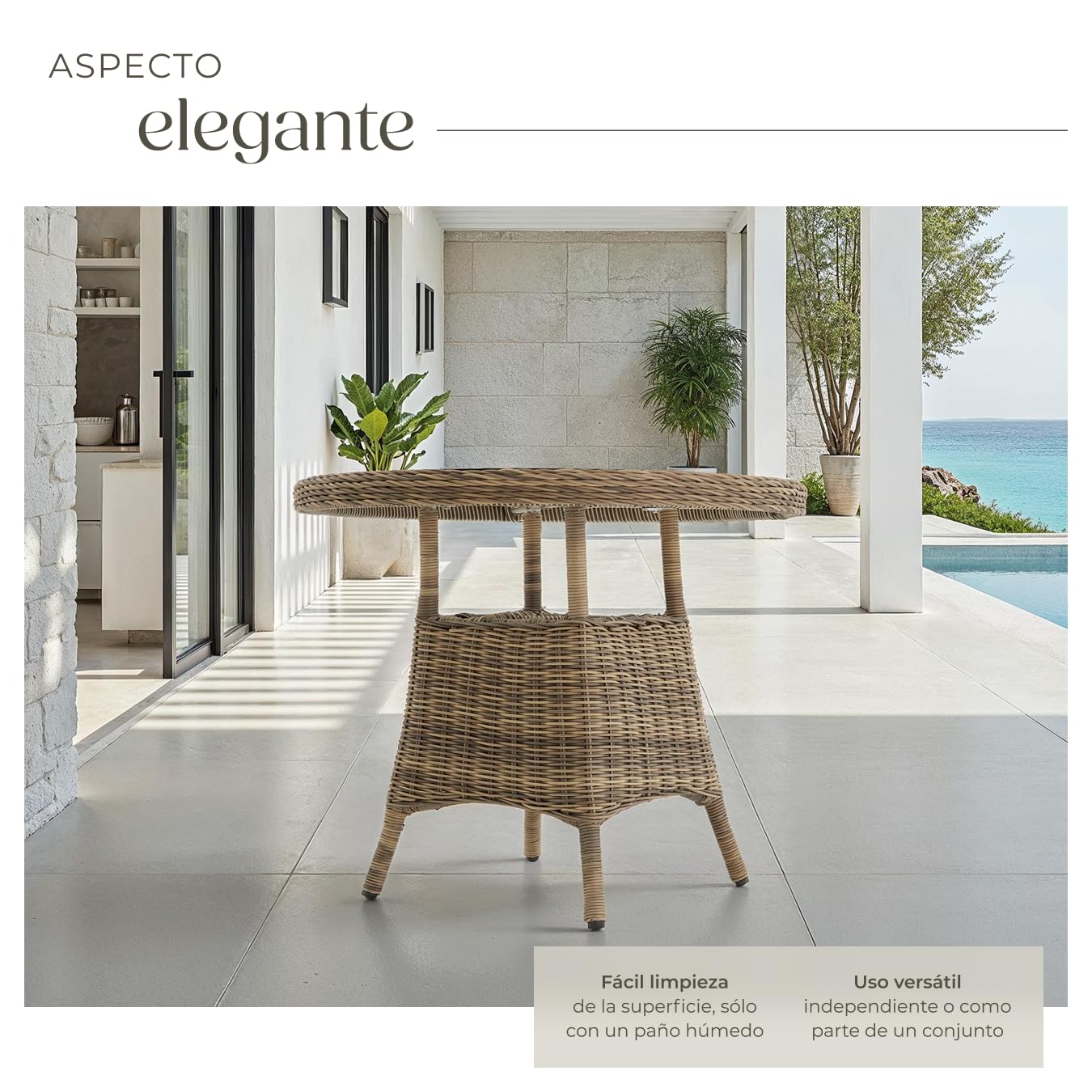 tectake® Mesa Jardín Exterior de Ratán y Aluminio Inoxidable, Mesa Terraza con Tablero Extraíble de Vidrio de Seguridad, Mueble Jardín Resistente a Intemperie, Topes en Patas, Fácil Montaje - Natural