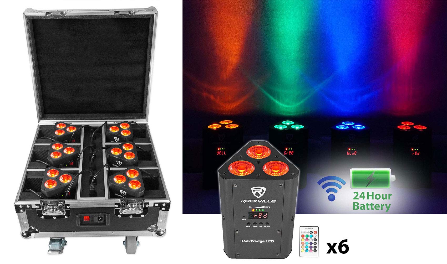 Rockville ROCKWEDGE Package Black 6 Battery Lights+Case+Wireless DMX Controller