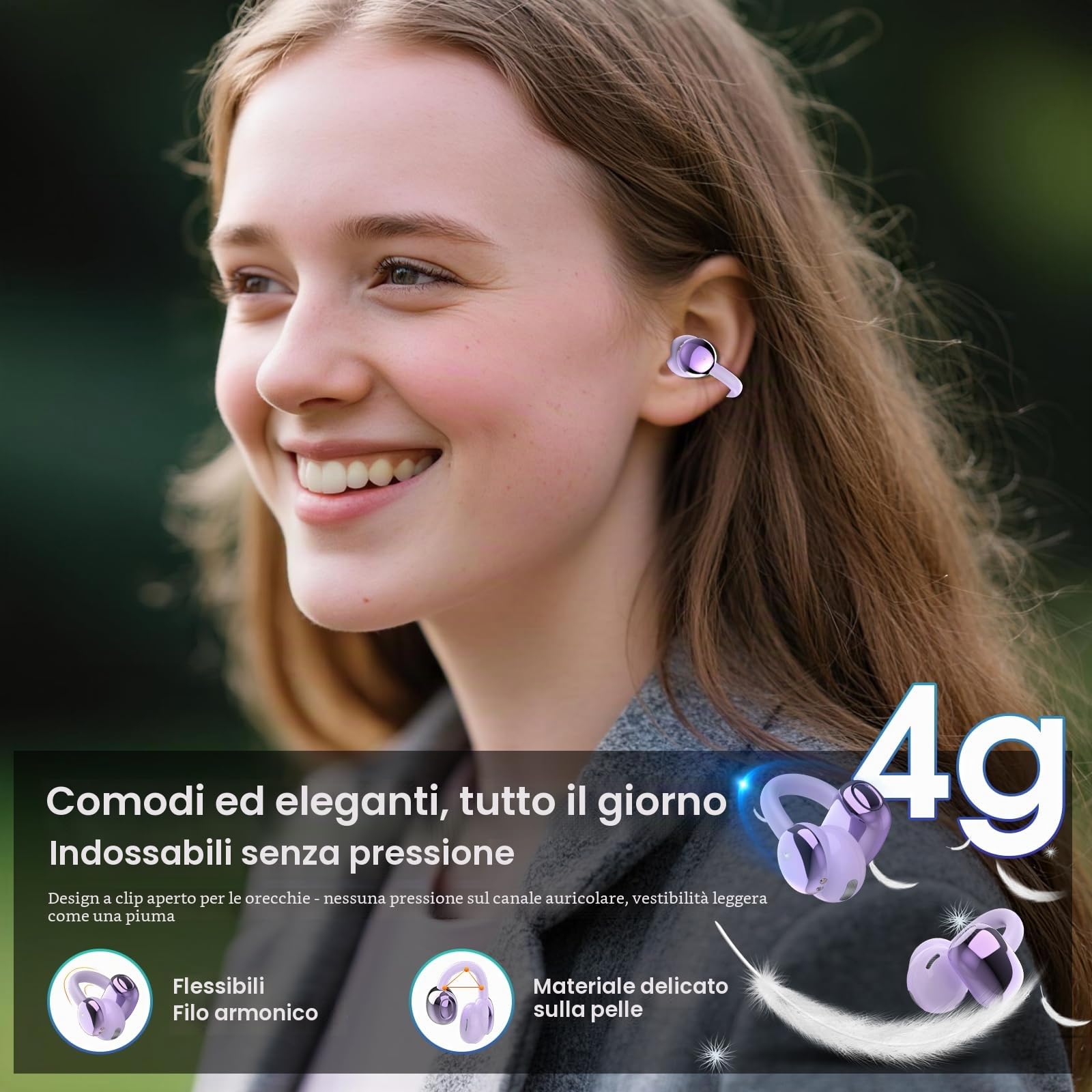 Cuffie Bluetooth 5.4, Auricolari Open Ear Cuffie Clip-On, 48 Ore Cuffiette Conduzione Ossea, DNN Noise Cancelling, Comfort Adattivo, Audio Immersivo, Auricolari Bluetooth con 4 Mic, Impermeabili IPX7