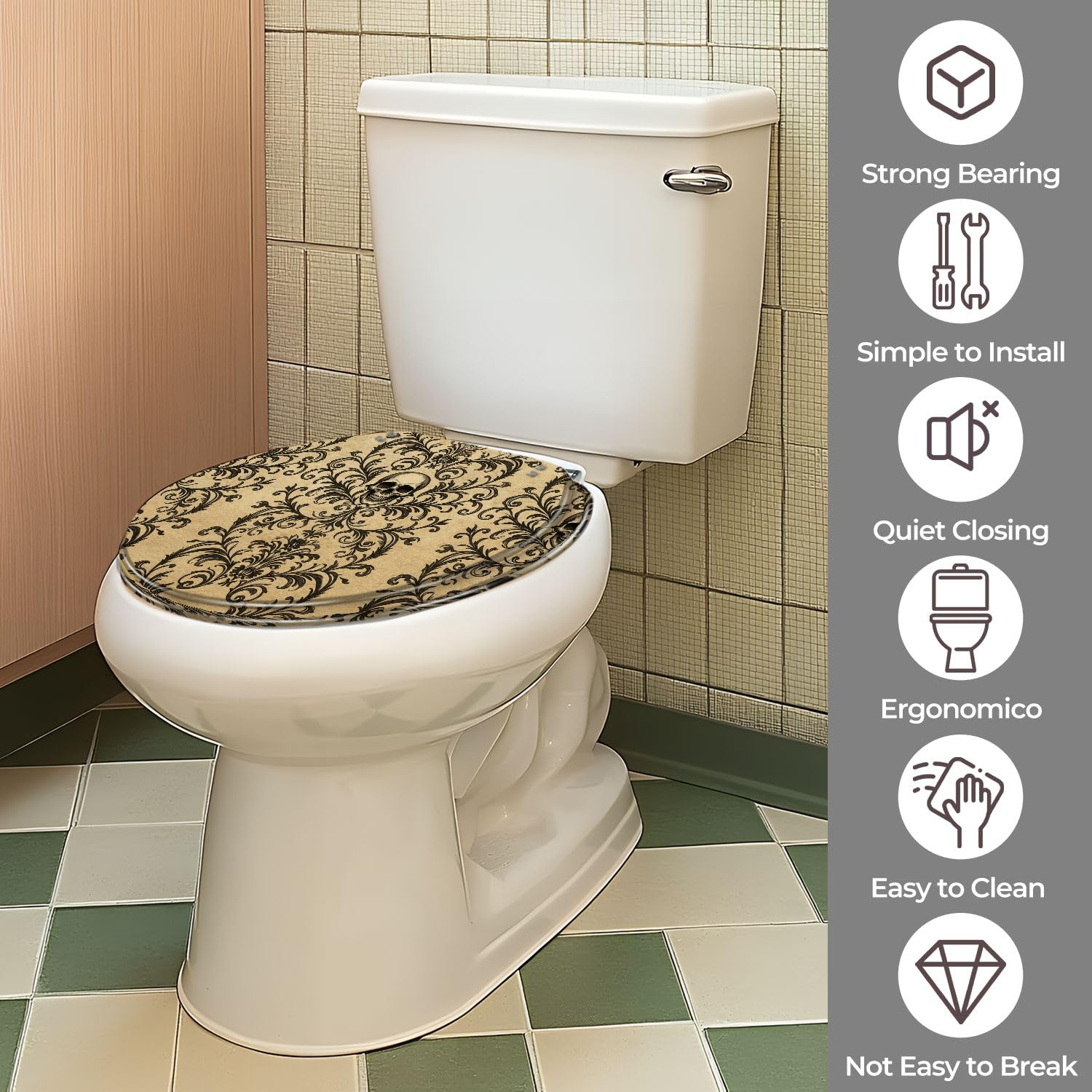 Asiento de inodoro decorativo de resina de azúcar con bisagras de cierre suave y liberación rápida.
