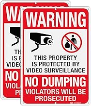 T&R Large No Dumping Sign, Property Protected By Video Surveillance Sign, 14" x 10" Rust Free .040 Aluminum Reflective, Weather Resistant, Waterproof, Fade Resistant, 6 Pre-drilled Holes - 2 Pack