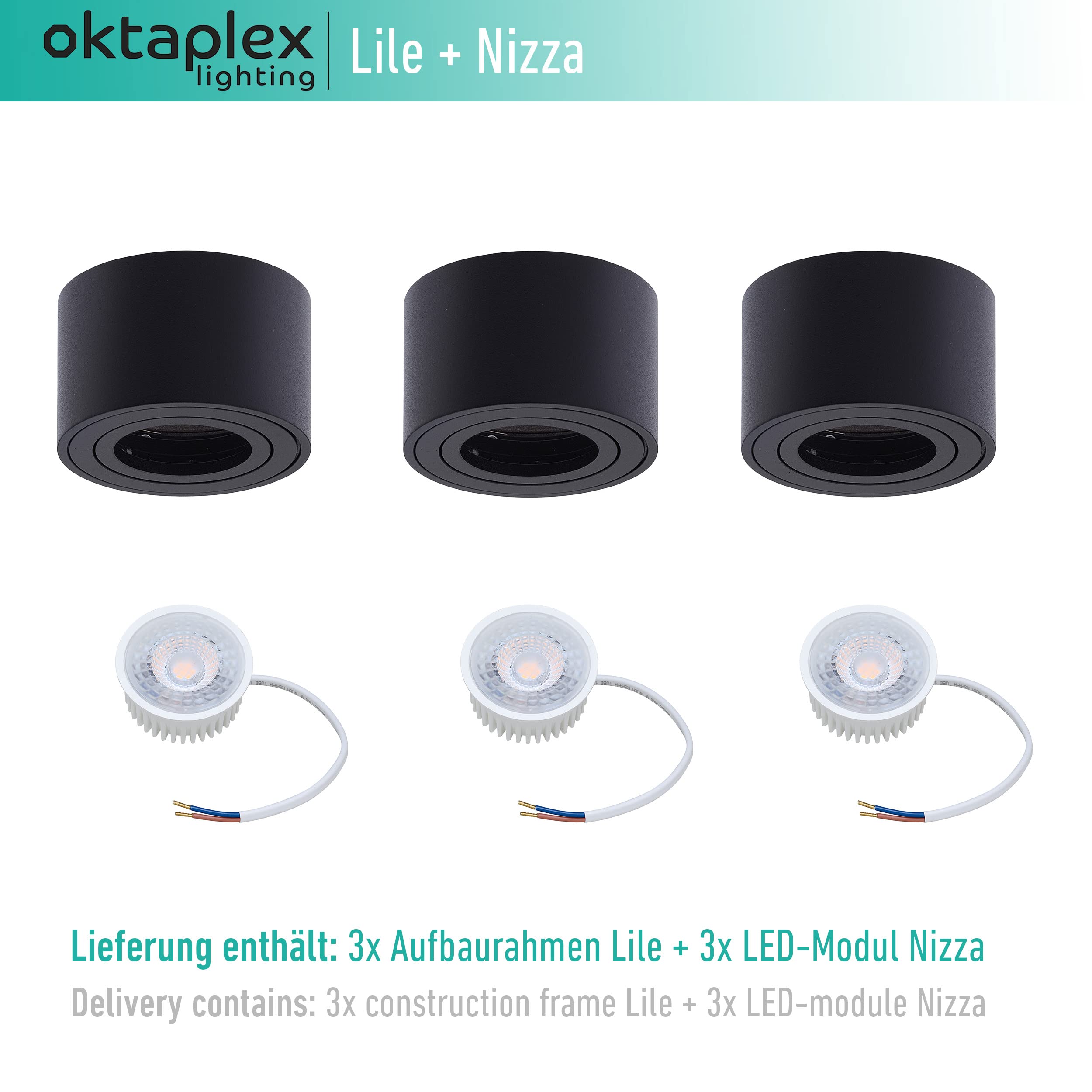 Oktaplex 3 pièces Spot apparent Lile Noir - avec module LED dimmable 5W 230V 3000K Blanc chaud 80x50mm Spot apparent en aluminium orientable
