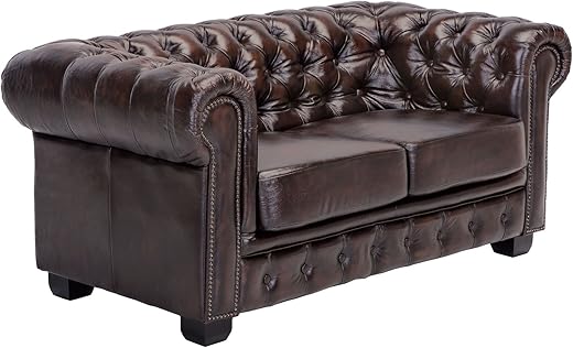Woodkings® Chesterfield Sofa 2-Sitzer Echtleder Couch Bürosofa Polstermöbel 2er antik Unikat Herrenzimmer englisches Ledersofa Stilsofa Clubsofa (antik braun)