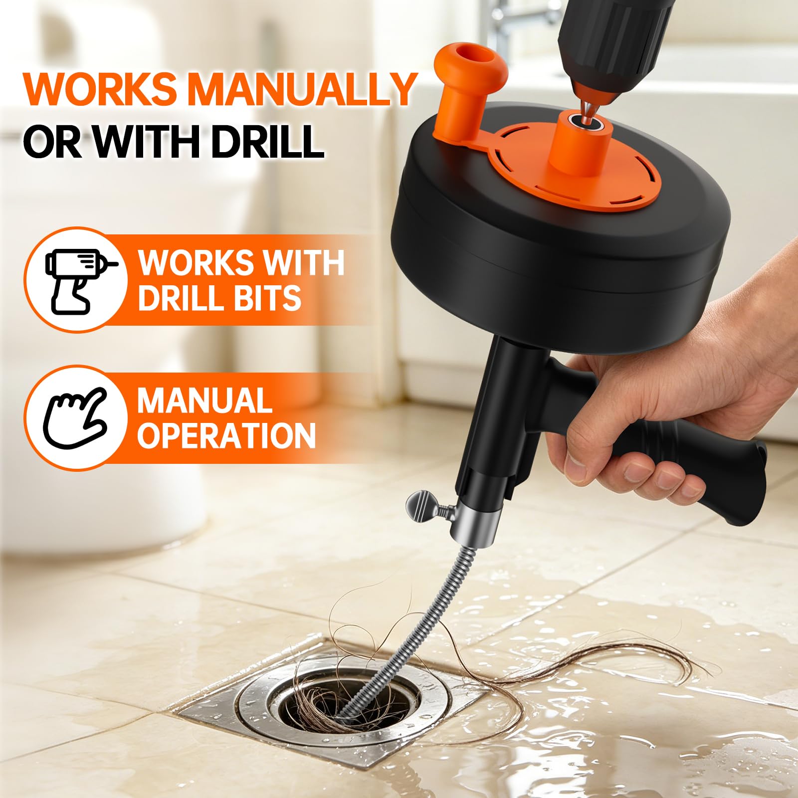Taladro de drenaje resistente de 25 pies, serpiente de fontanería profesional con adaptador de taladro, removedor de obstrucciones manual y eléctrico para cocina, baño, fregadero de ducha y bañera