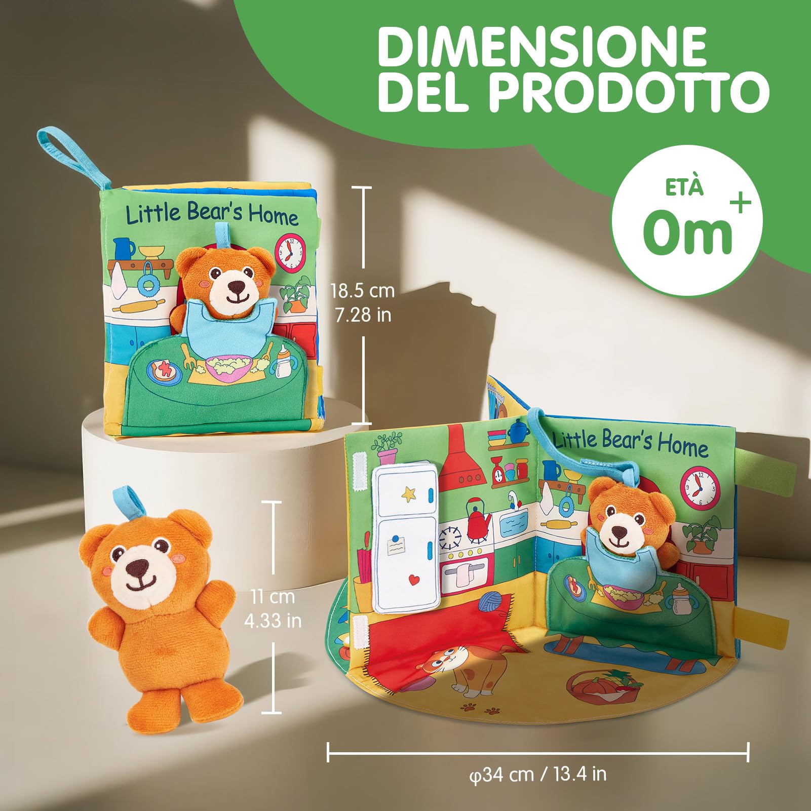 hahaland Libro Sensoriale Neonati 6-12 Mesi, 3 in 1 Morbidi Libro Montessori Interattivo con Specchio & Orsetti Rimovibili, Libri di Stoffa Giochi Tummy Time Neonato Giocattol 3 6 9 12 Mesi