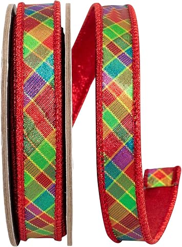 Ribbon - Plaid Metallic Jewel Tone Deluxe Metallic Backed Red Wired Edge, Multi, 7/8 Inch, 5 Yards