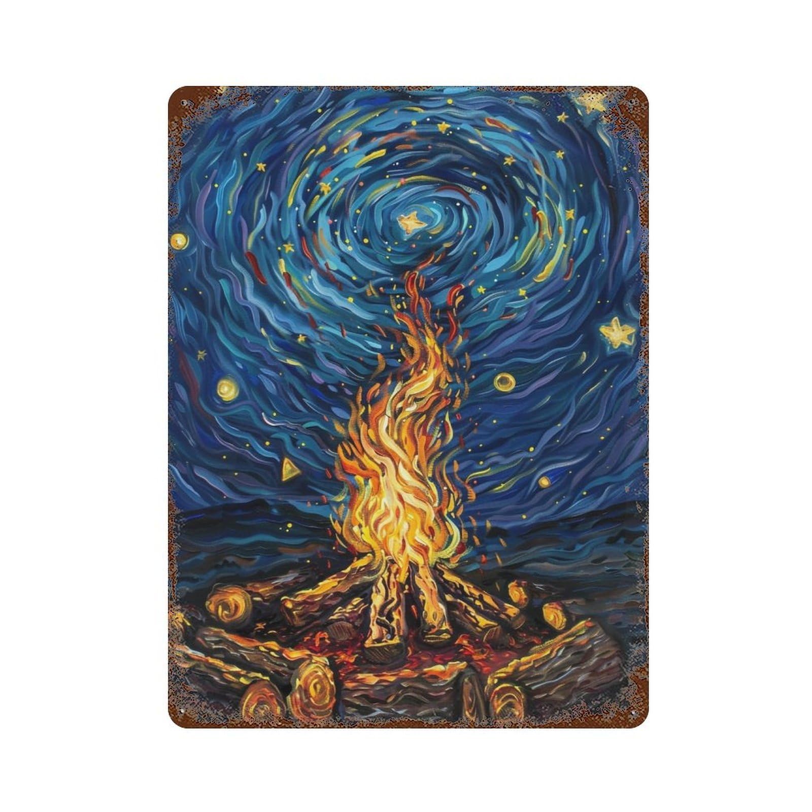WUJHGRSG Post Impressionist Twirl Indigo Night Flaming Bonfire 02 Wall Art Retro Iron Vintage Metal Tin Sign Poster Modern Decor for Home Cofffee Club Bar Shop Style 40x30cm