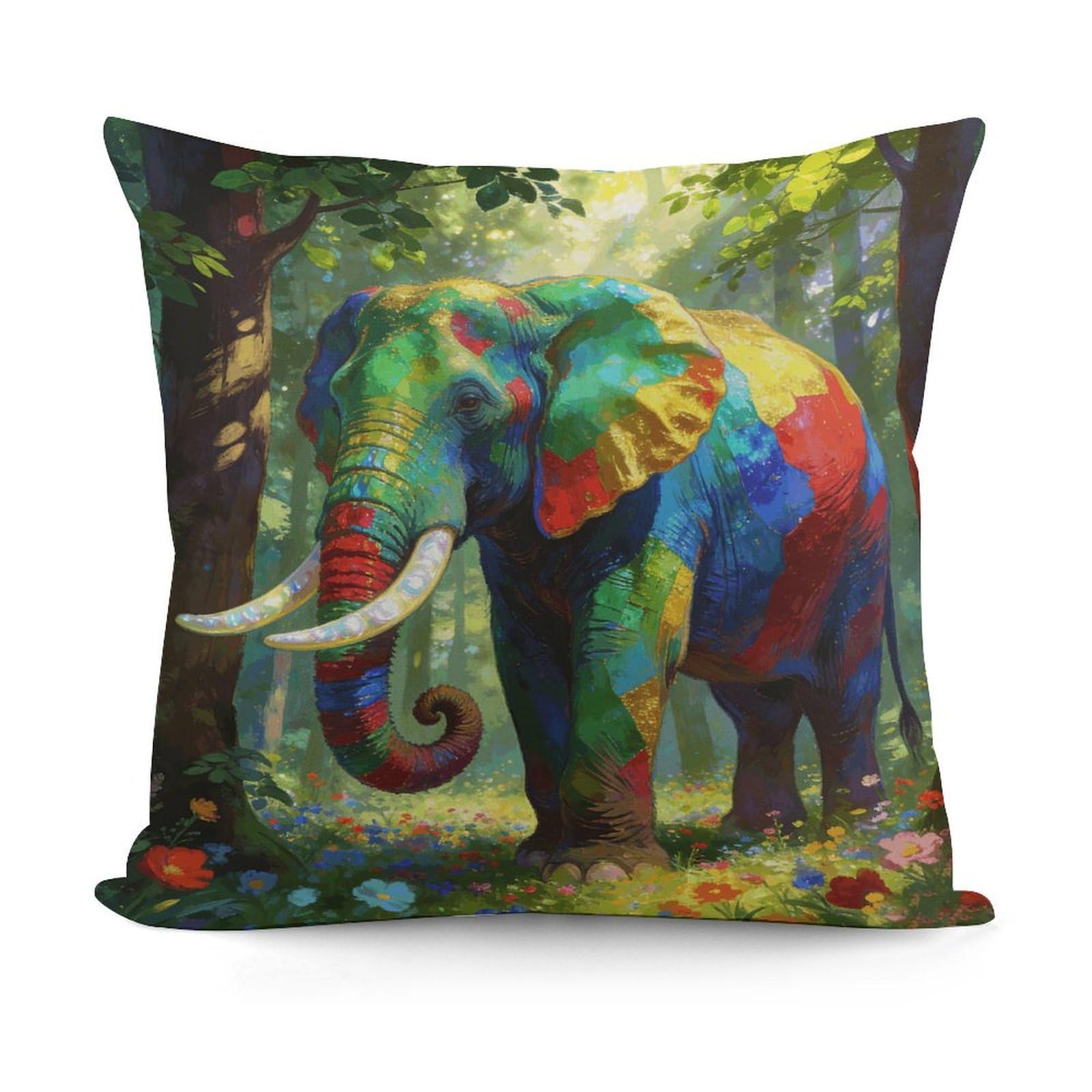 LZQPOEAS Colorful Forest Elephant Throw Pillow Cover 18 X 18 in Cozy Couch Pillow Covers Farmhouse Throw Pillow Case Modern Square Pillowcase Home Decor Cushion Cover for Bedroom Living Room