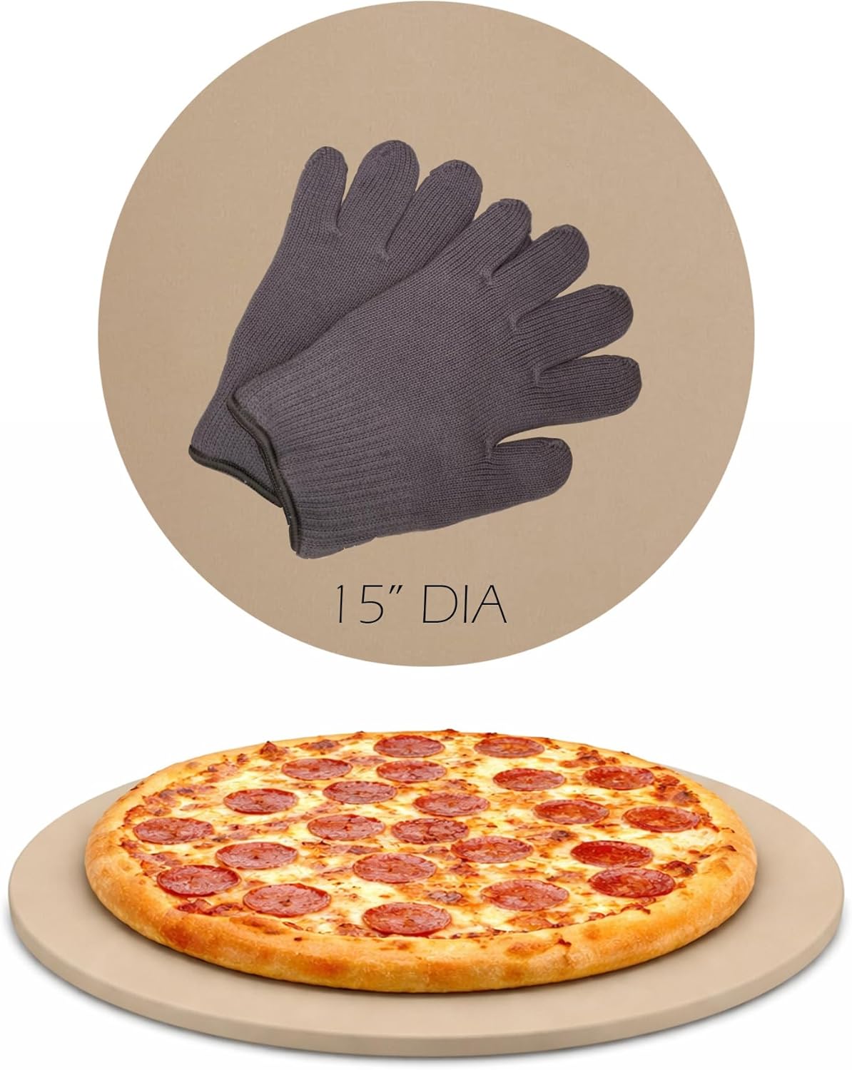 Maverick Pizza Stone with Gloves for Grill Oven 15 Inch Round Baking Stone Heavy Duty Bread Cooking Pan Thermal Shock Resistant Ideal for Making Crisp Crust Pizza Bread and More