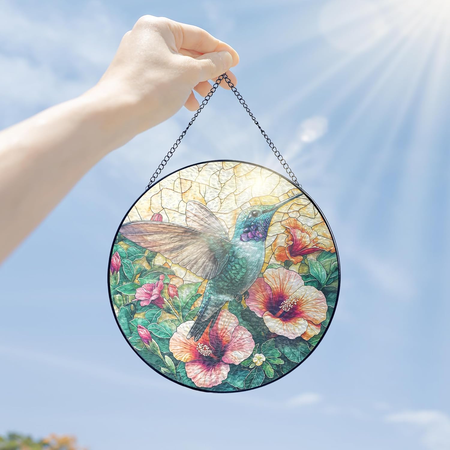 FLAGWIX Christmas Hummingbird Gifts for Women Men - Stained Glass Window Hanging 10 in - Sun Catchers Indoor Window for Home Decor, Hibiscus Hummingbird Suncatcher, Christmas Decorations
