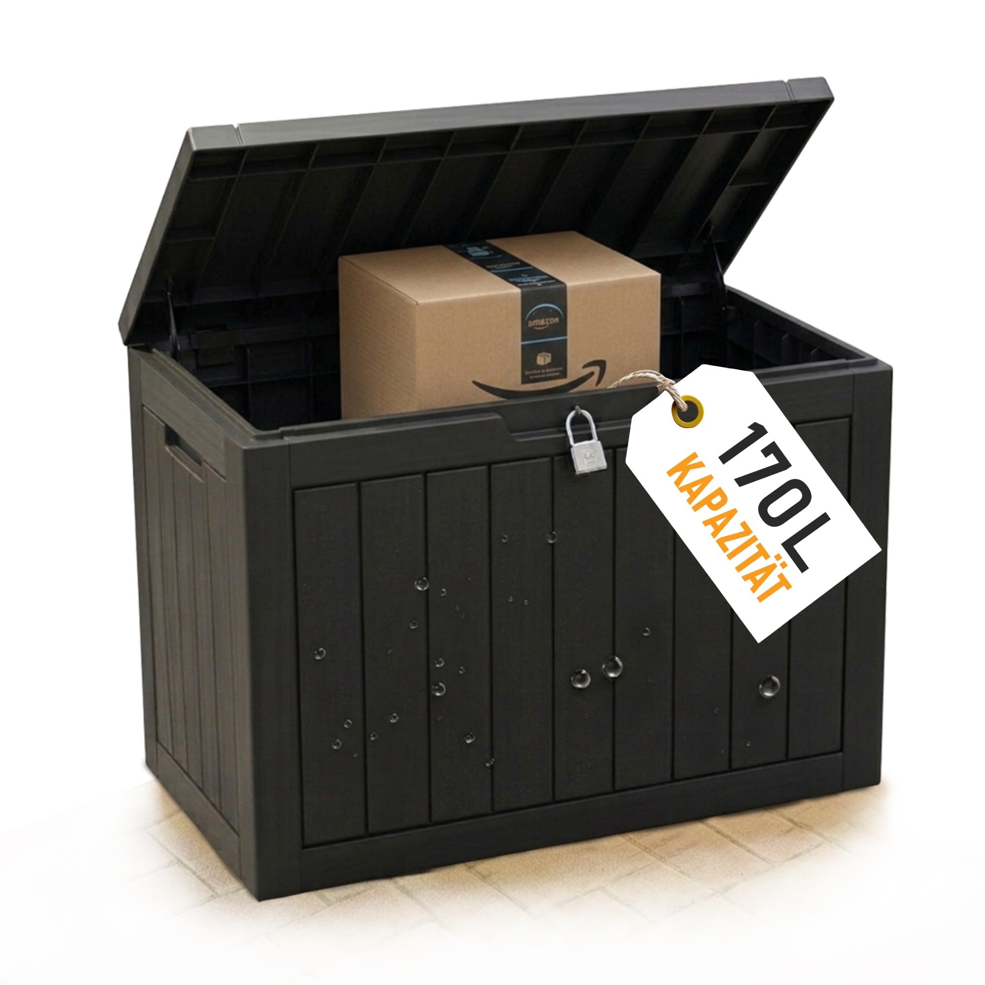 Olsen & Smith Paketbox Draussen 170L Aufbewahrungsbox mit deckel Verschließbare Gartentruhe Kissenbox Aus Kunststoff Auflagenbox Wasserdicht | Gartenschrank Wetterfest Outdoor | Gartenbox Klein