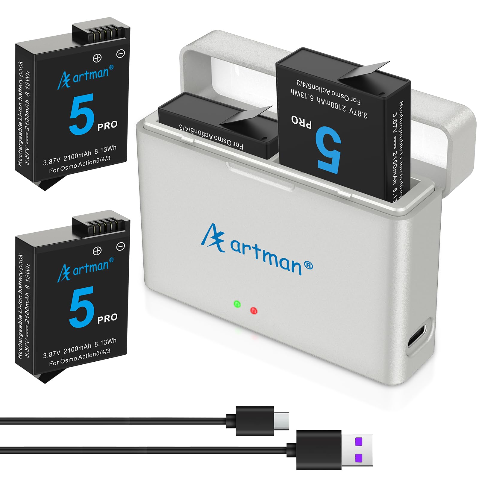 Artman Osmo Action 5 Pro 4 3 Replacement Battery Charger, 2100mAh Action 5 Pro Batteries with Dual Charging Hub for DJI Osmo Action 5 Pro, Osmo Action 4, Osmo Action 3 Extended Battery (White, 2 Pack)