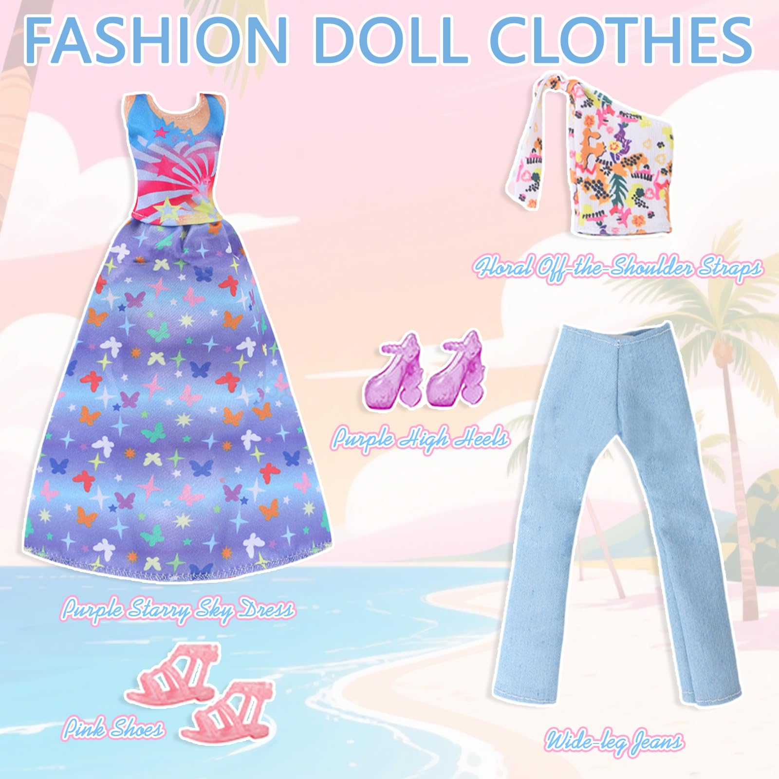 16 piezas de ropa y zapatos de muñeca compatibles con muñeca Barbie de 11.5 pulgadas, incluye 1 vestido de sirena, 2 tops de tiras, 2 vestidos, 1 pantalón, 4 juegos de trajes de baño, 5 zapatos