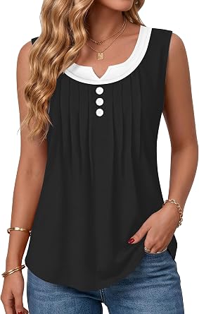 Summer Tops for Women 2026 Trendy Pleated Front Striped Tank Top Curved Hem Flowy Sleeveless Shirts