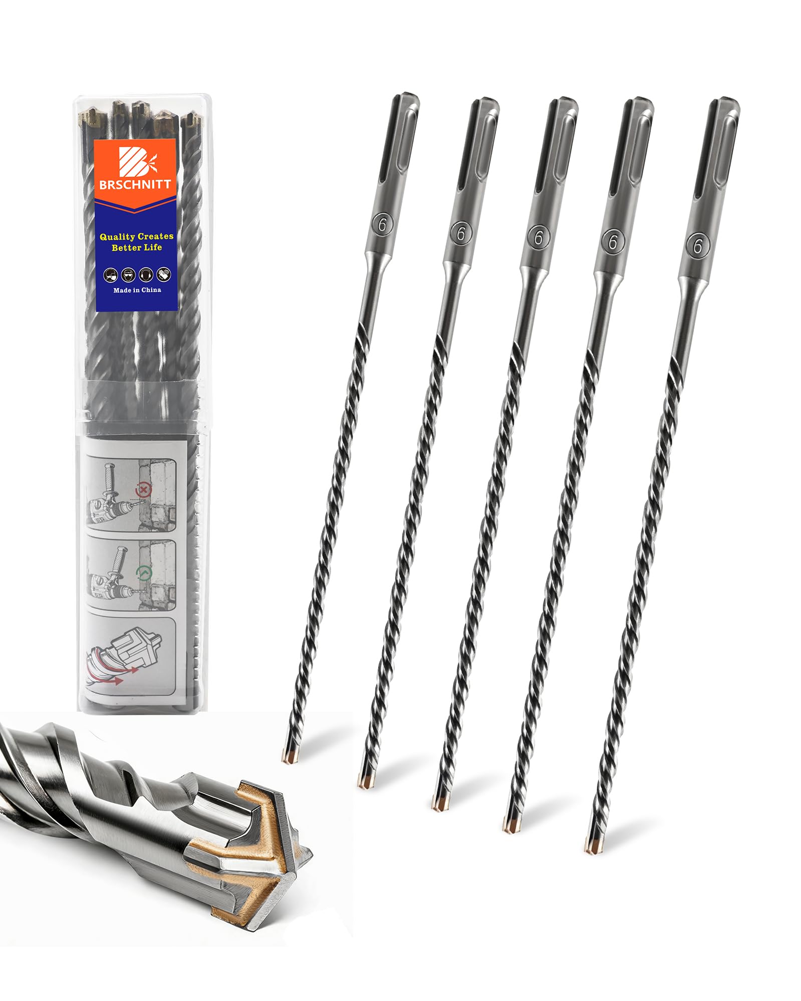 BRSCHNITT SDS Plus Carbide Cross Tip Concrete Drill Bit - 6MM SDS-Plus Hammer Drill Set for Concrete, Brick, Stone & Masonry - 210MM Length (5 Piece)