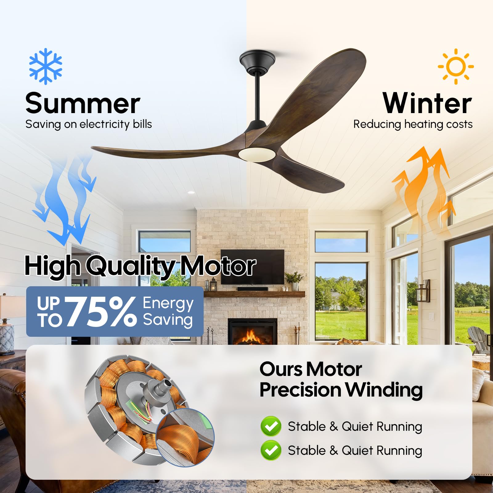 Ventilador de Techo de 178 cm con Luz y Control Remoto, 3 Aspas de Madera Maciza, Motor de CC reversible silencioso,Adecuado para dormitorios grandes, salas de estar, balcones y porches cubiertos