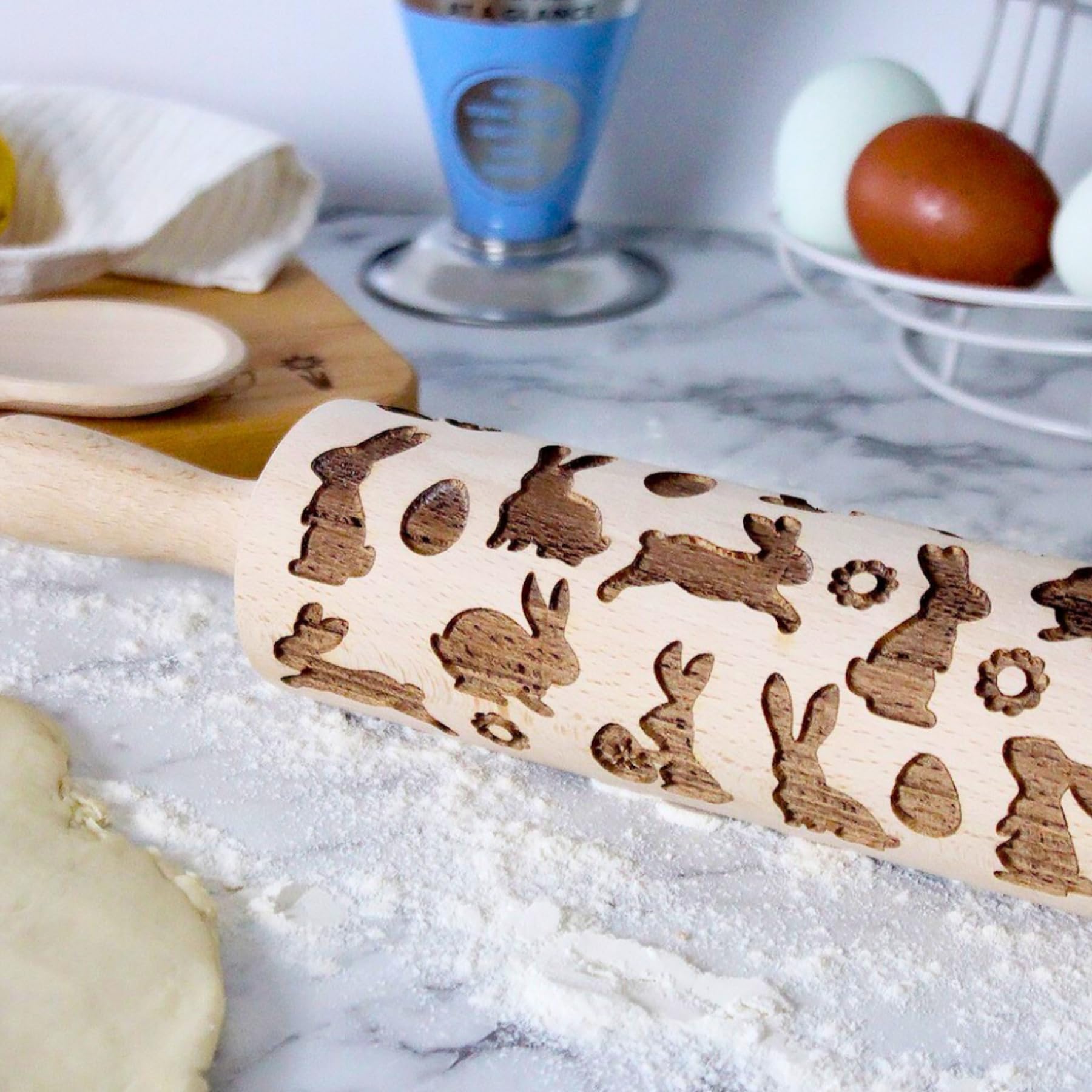 Tala Easter Patterned Wooden Revolving Rolling Pin, FSC Beechwood with Embossed Spring Style Patterns, Natrual - Image 2
