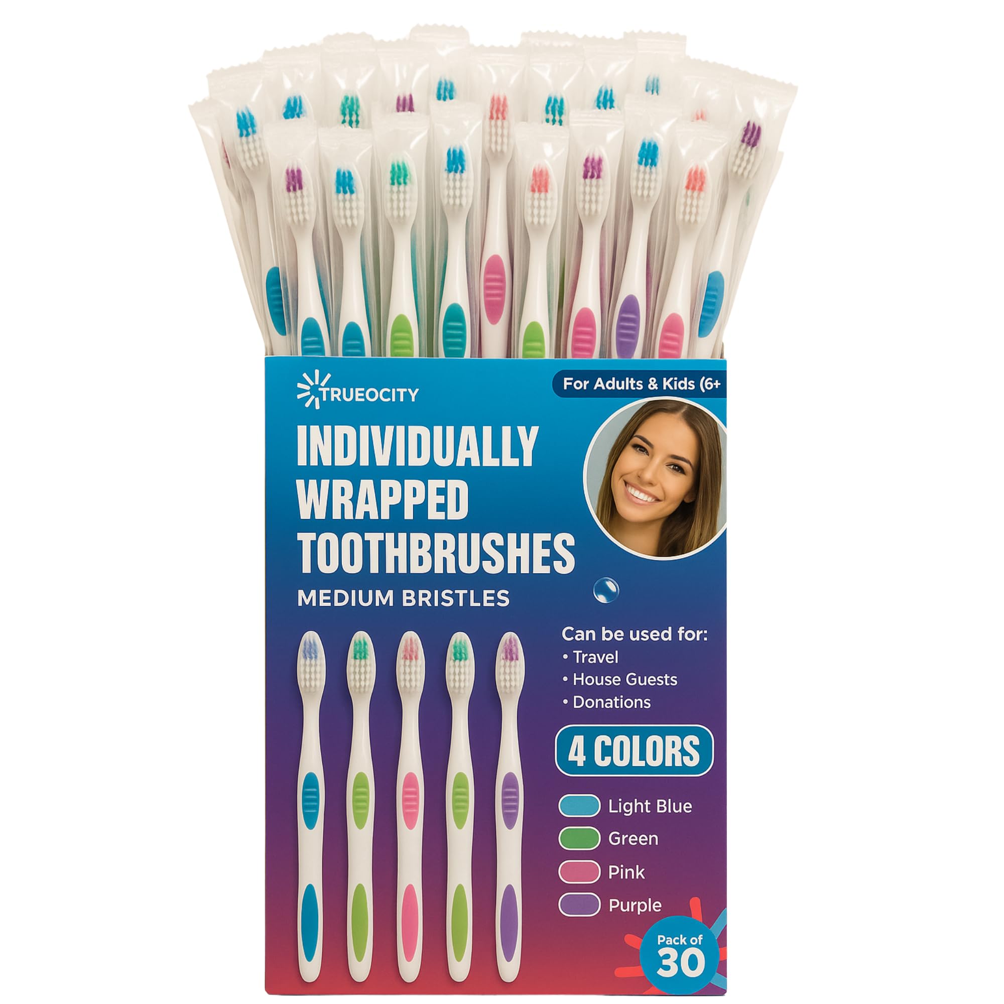 Paquete de 30 cepillos de dientes envueltos individualmente, cerdas medianas, multicolor y perfectos para adultos y niños, paquete de viaje, cepillos de dientes desechables para uso a granel