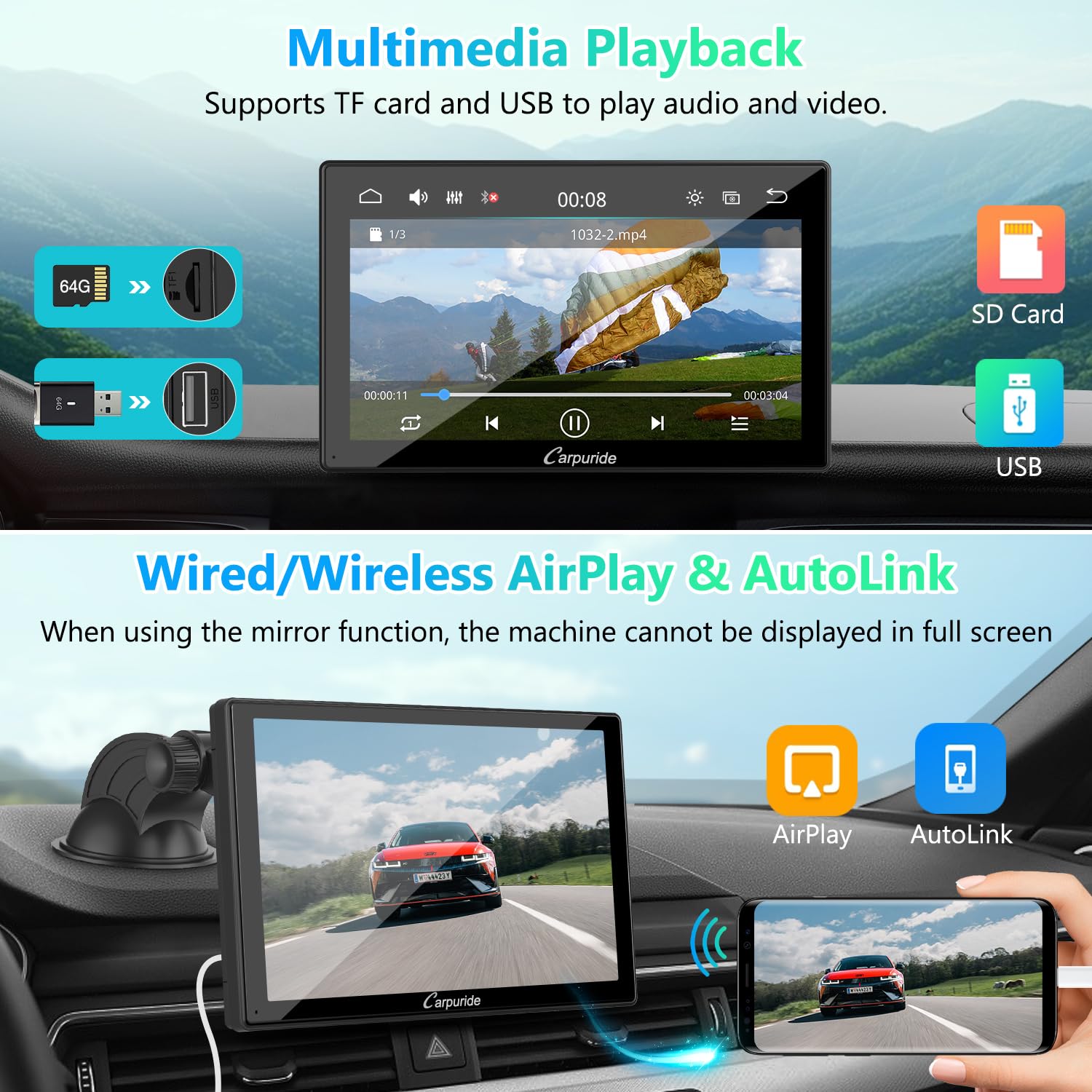 Carpuride V9 - Estéreo portátil para Coche, inalámbrico Carplay y Android Auto, Radio de Pantalla táctil HD 1080P de 9 Pulgadas con BT 5.0, Enlace de Espejo, Soporte de Sentido de luz, Soporte