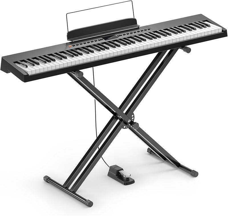 DEP-05 Digital Piano 88 Key Semi Weighted Velocity-Sensitive Keyboard, Portable Electric Piano Keyboard Set with Detachable X-shaped Stand Pedal Stickers, Gifts for Beginners Women Girls, Black