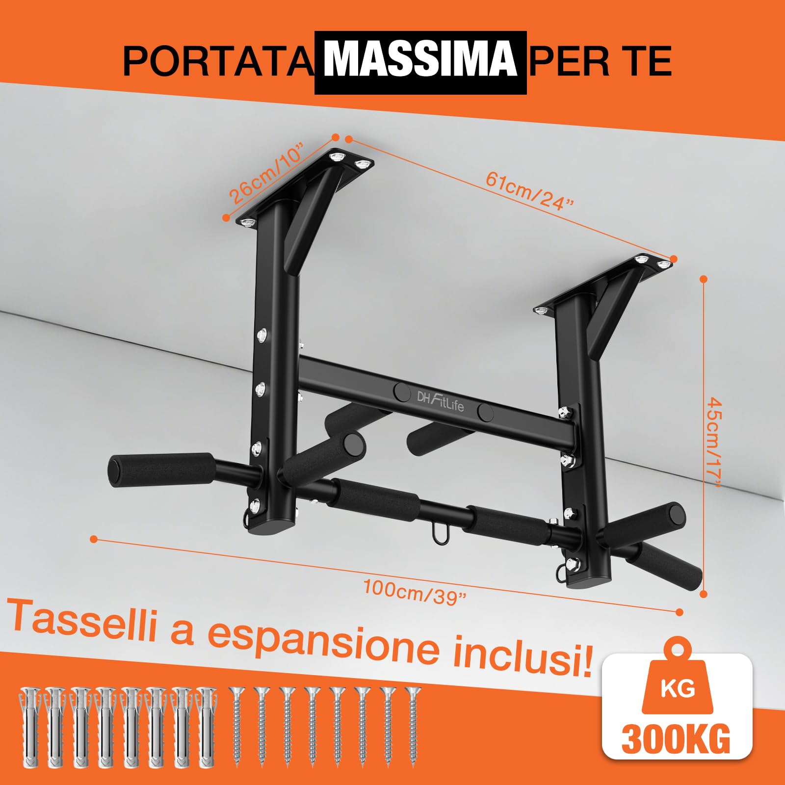 DH FitLife Sbarra per Trazioni da Soffitto 4 in 1 fino a 300 kg, Pull Up Bar Multifunzione per Home Gym, 8 Impugnature Antiscivolo, 3 Occhielli per Sacco da Boxe & Sling Trainer, Stabile & Sicura