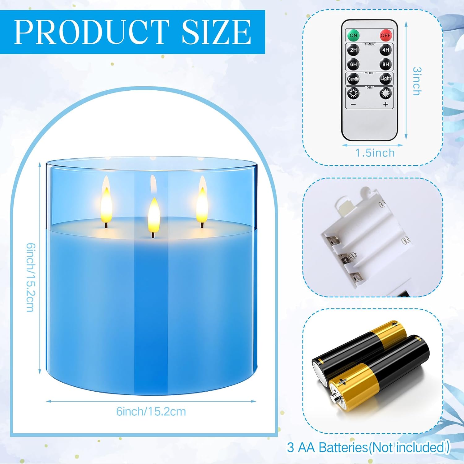 Retisee 6'' x 6'' Extra Large Flameless Candles, 3 Wick Glass Large Candles with Remote Control and Timer Function, Real Wax LED Pillar Flickering for St. Patrick's Spring Party Decor(Blue,1 Pcs)
