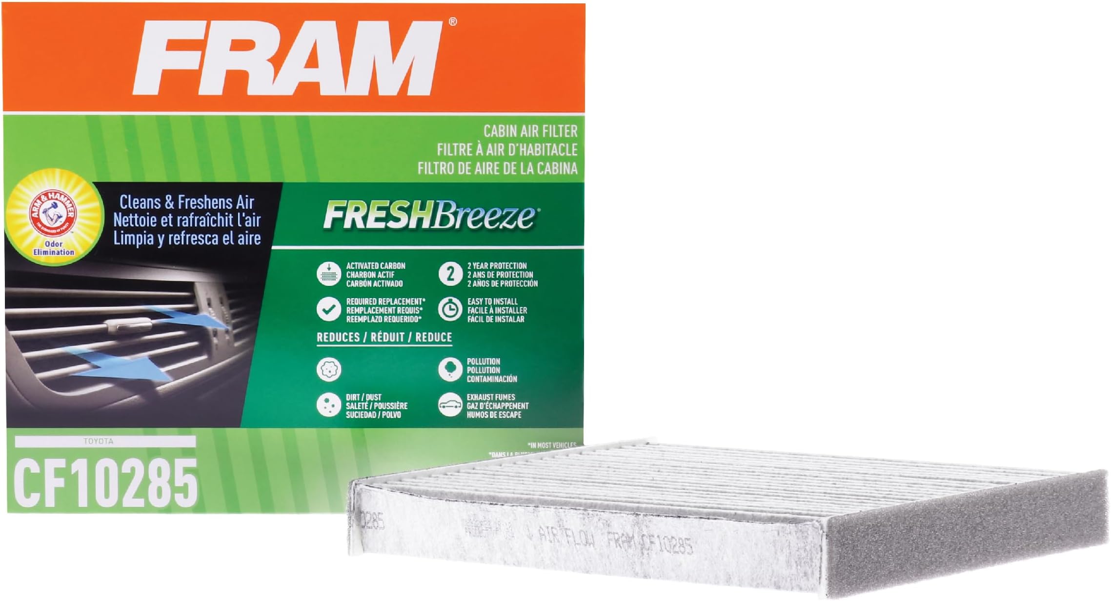 FRAM Fresh Breeze Cabin Air Filter Replacement for Car Passenger Compartment w/Arm and Hammer Baking Soda, Easy Install, CF10285 for Toyota Vehicles, white