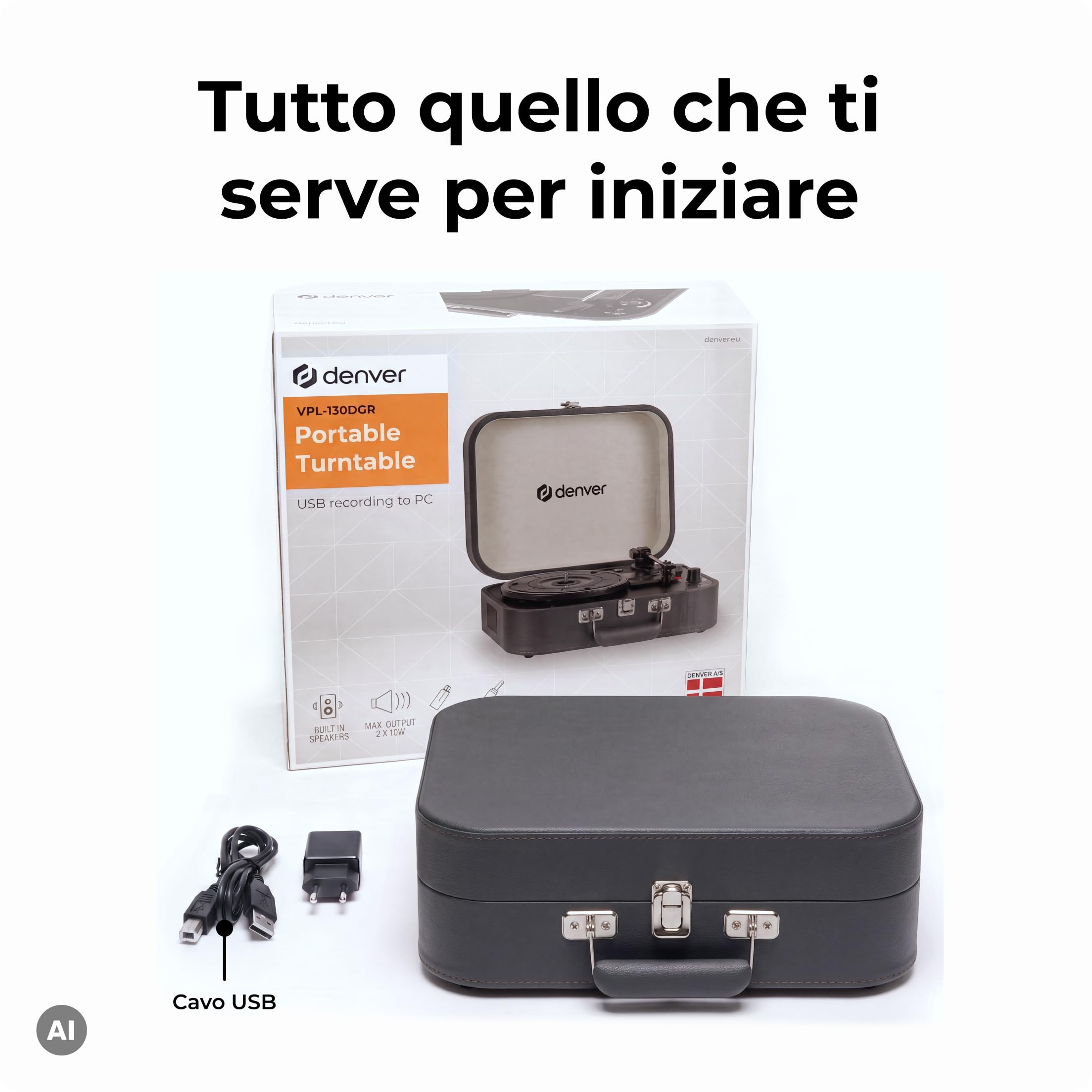 VPL-130DGR - Giradischi vintage con altoparlante, 33/45/78 RPM, USB per digitalizzare, AUX e cuffie, uscita RCA, lettore portatile in vinile senza Bluetooth