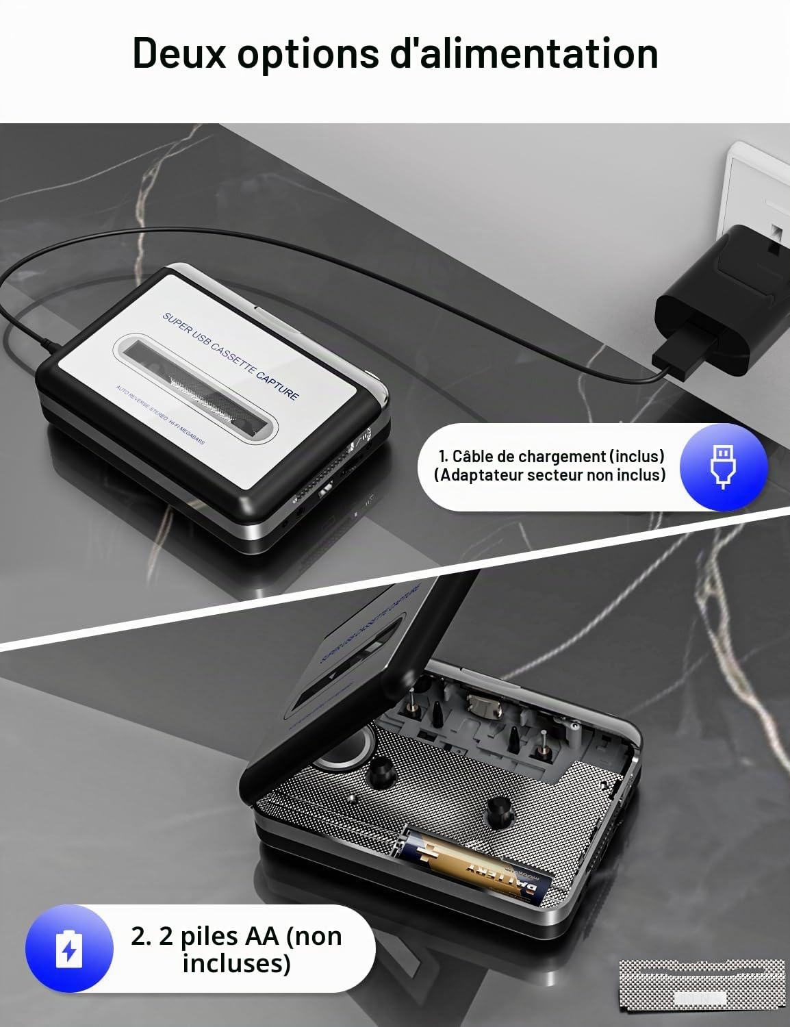 Lecteur de cassettes - Enregistreur portable avec écouteurs - Convertit les cassettes audio en MP3 numérique, compatible avec ordinateur portable/PC/MAC - Pour divertissement, voyage, sports légers