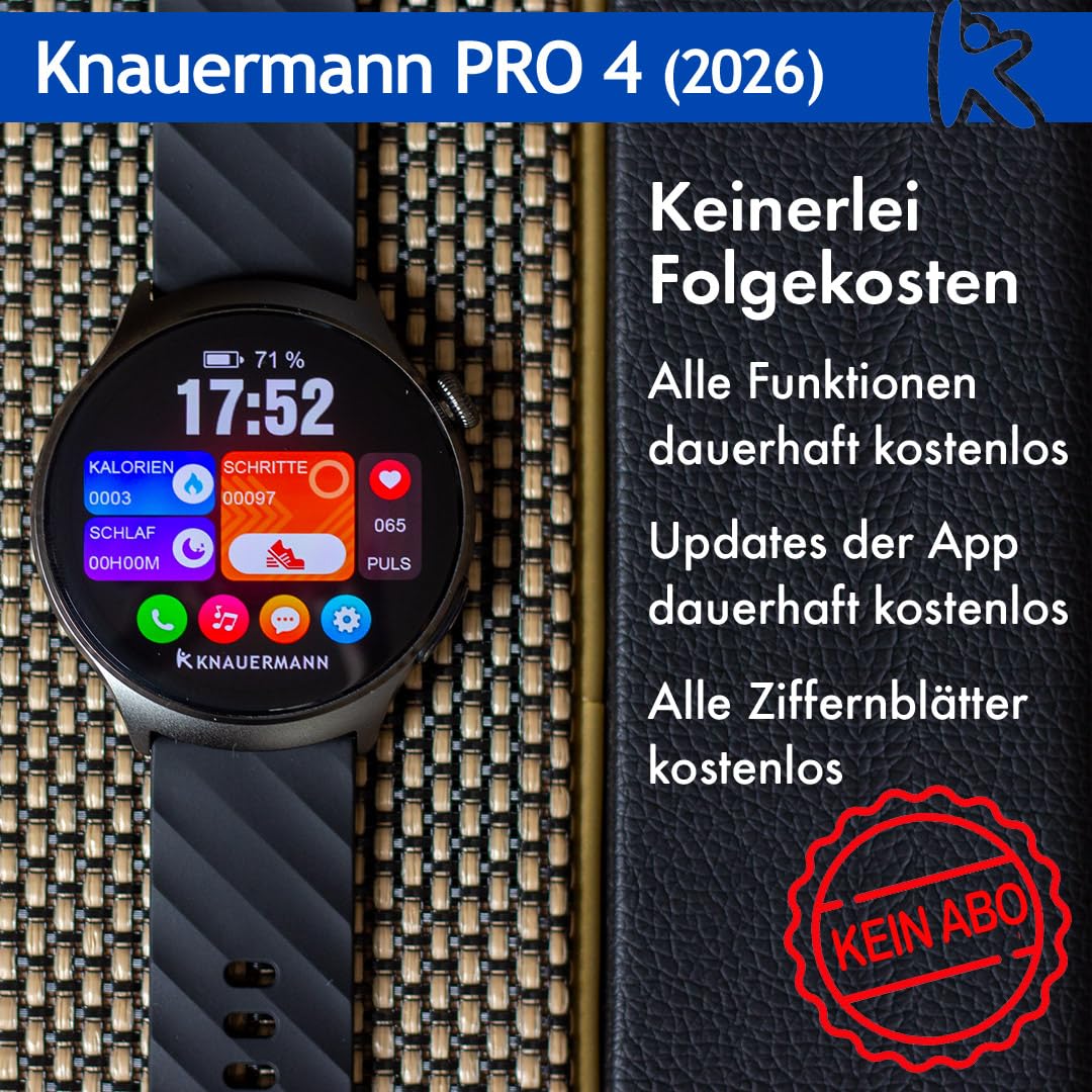 Knauermann PRO 4 EKG-Gesundheitsuhr mit Telefonfunktion – Smartwatch in Schwarz – Puls, Blutdruck, Blutsauerstoff, HRV, Schlafanalyse – Für Damen und Herren – Premium-Set mit 5 Armbändern Schwarz