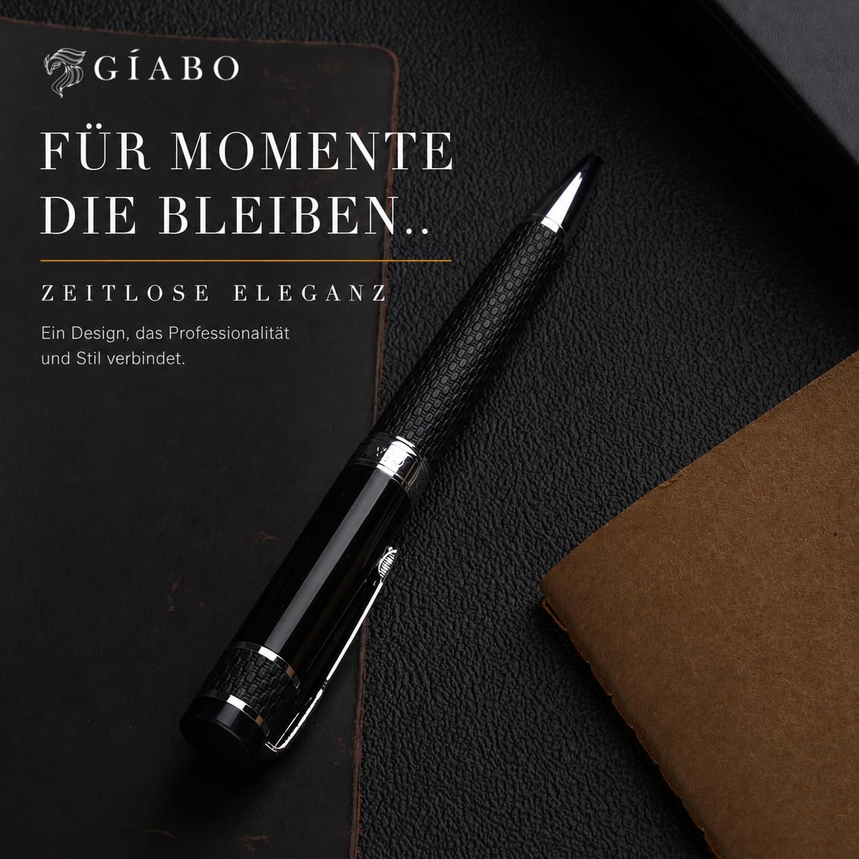 Gíabo Kugelschreiber hochwertig mit PU-Leder-Schaft und Chrome-Details | Schwarz schreibend | Edelstahl- und Messing-Mischung | Präzise Mine | Eleganter Business-Stift für Büro und besondere Anlässe