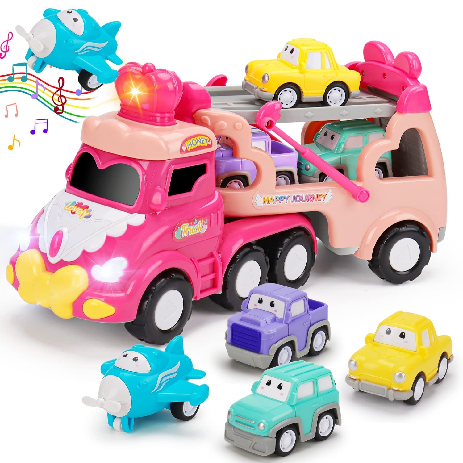 5 in 1 Transport Toy Trucks for Toddlers 1-3 with Lights Music Pink Princess Car Toys for 1 2 3 4 Year Old Girls Carrier Truck Vehicle Little Toddler Girl Toys Age 1-2 2-4 Baby 12-18 Months Gifts