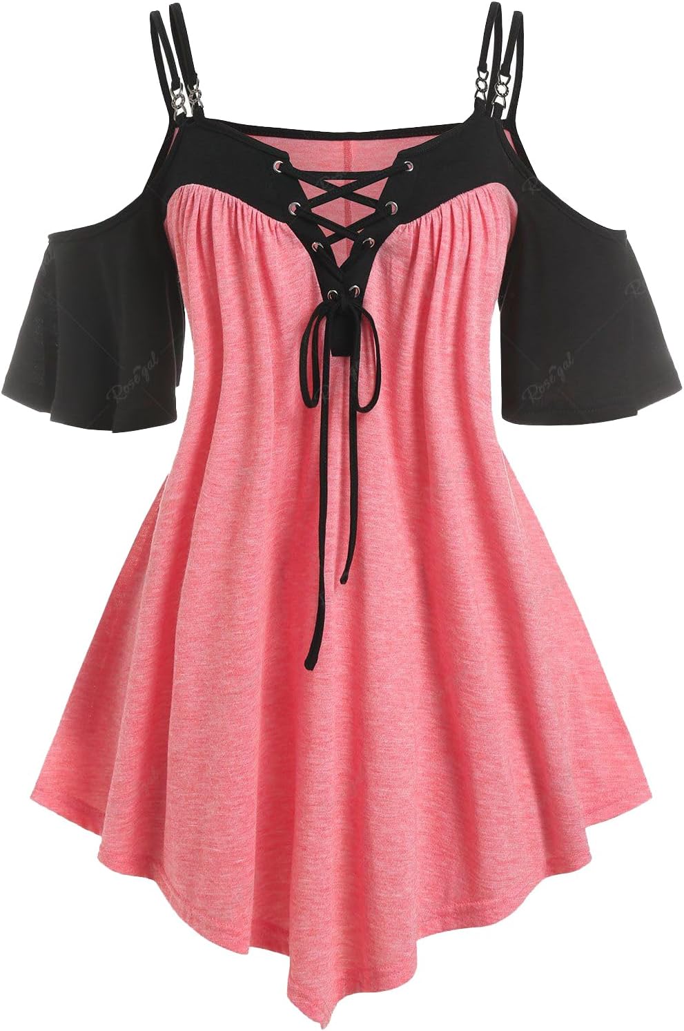 ROSE GAL Rosegal Women Plus Size Cold Shoulder Tee Lace-up Asymmetric Marled Short Sleeves Tee Open Shoulder Tunic Top - Image 2