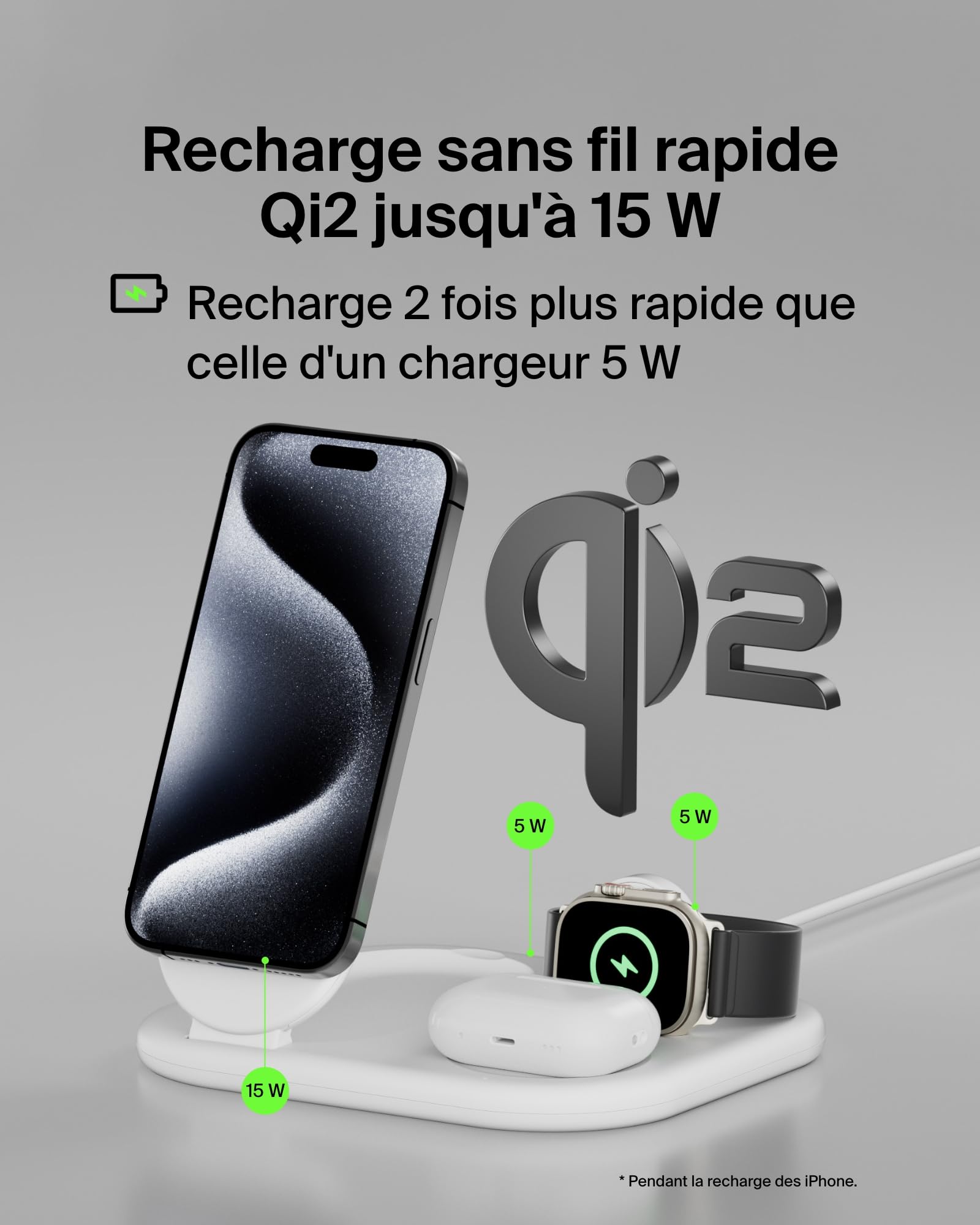 Belkin BoostCharge Socle de Recharge 2-en-1 aimanté et Pliable Qi2, 15W, Compatible MagSafe Chargeur sans Fil, Recharge Rapide, Apple iPhone 17, iPhone Air, Pixelsnap, Adaptateur Inclus - Blanc