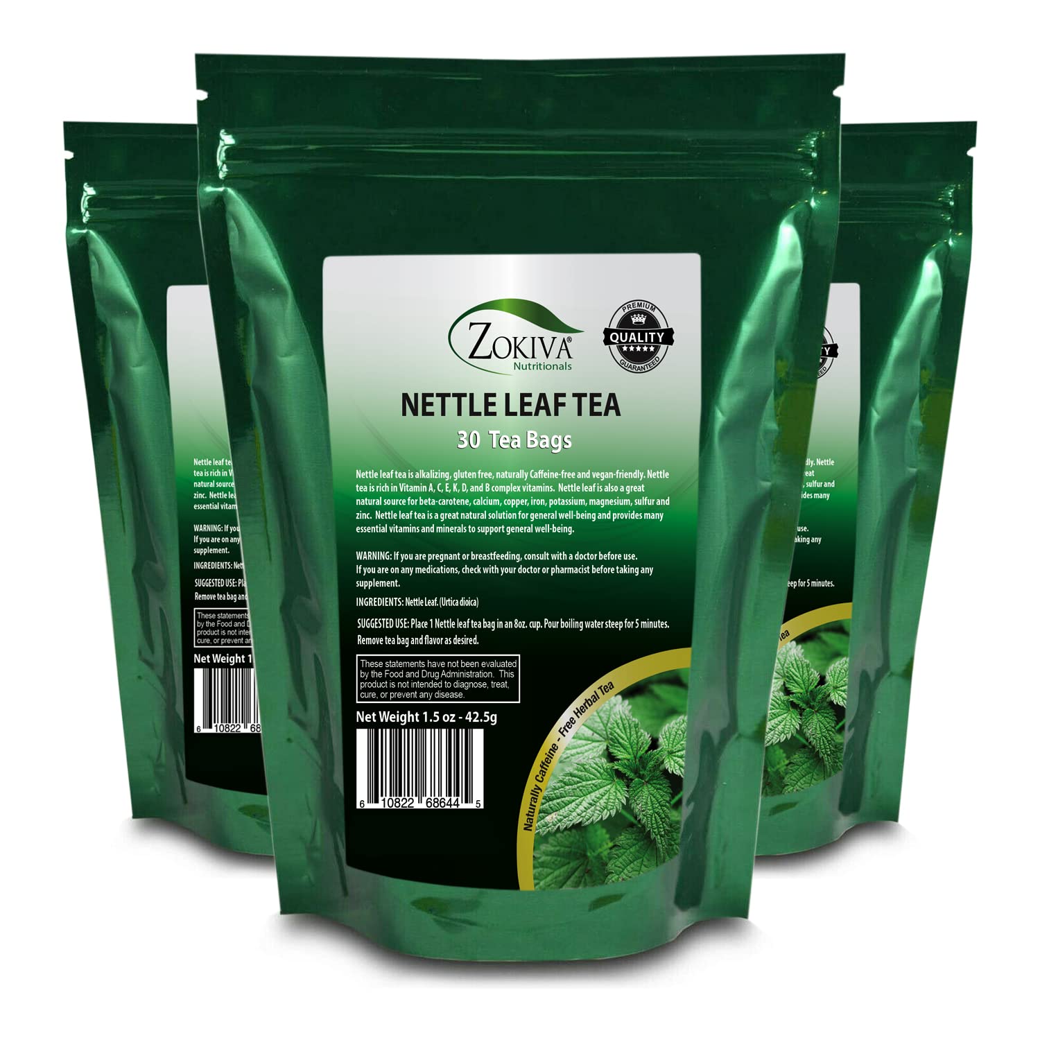 Zokiva Nutritionals - Nettle Leaf Tea Bags 3-Pack - 90 Premium Quality Convenient Organic Herbal Tea Bags - Caffeine-free and Vegan-friendly In a Resealable Stand Up Zip Lock Pouches