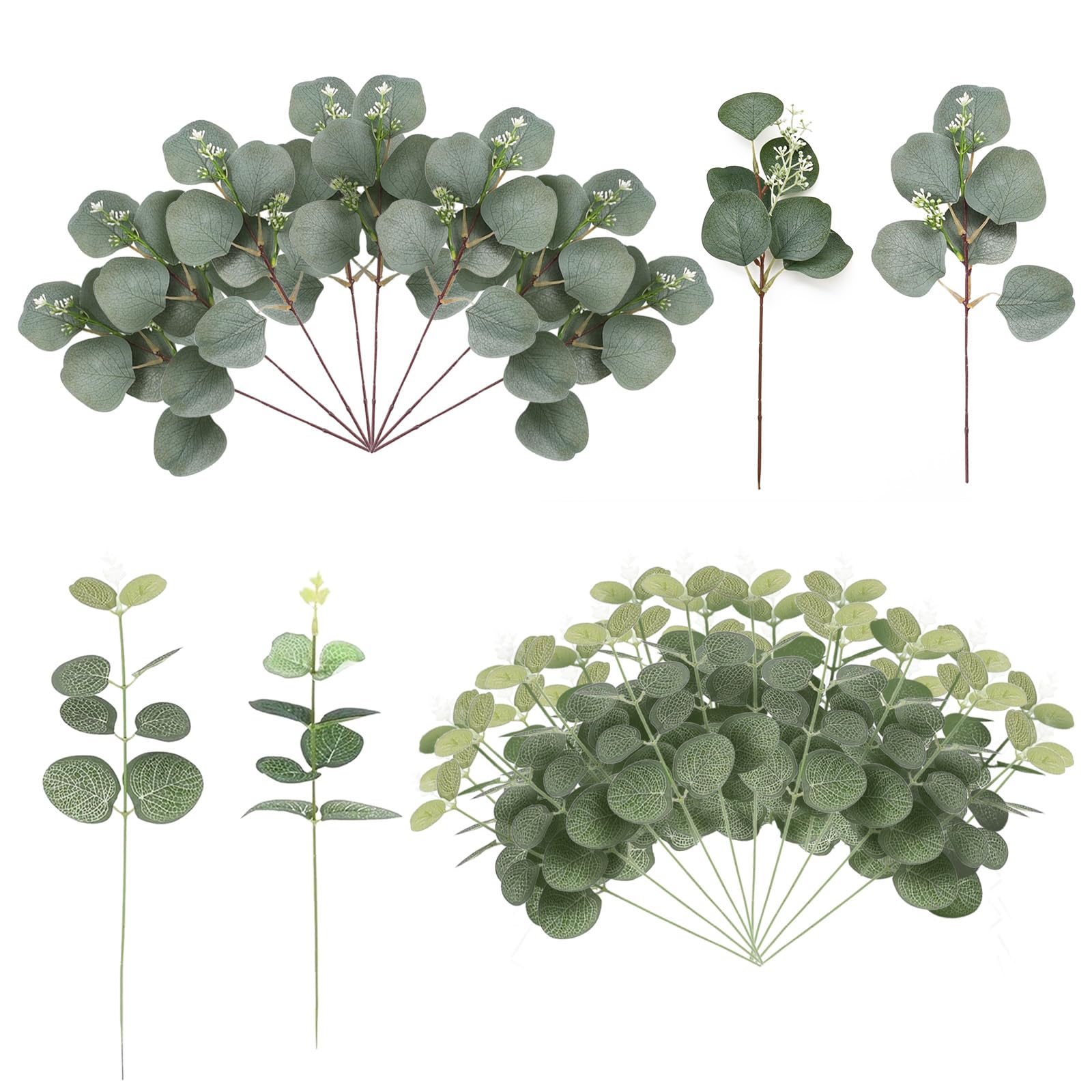 Anmahe 60PCS Artificial Eucalyptus Stems,Faux Eucalyptus Stems,Artificial Greenery Foliage,Fake Green Leaf Branches,Decoration for Home,Office,Weddings,Gardens