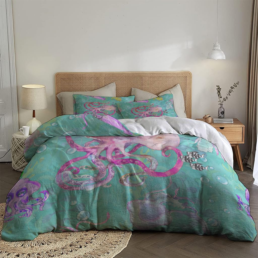 NIBAINLO 布団カバー海中-航海-水彩画-ヴィンテージの海の生き物 肌に優しい ピーチスキン加工 掛け布団カバー 和式 洋式 あったか 布団カバーセット リバーシブル ホームステイ ホテル 家庭兼用