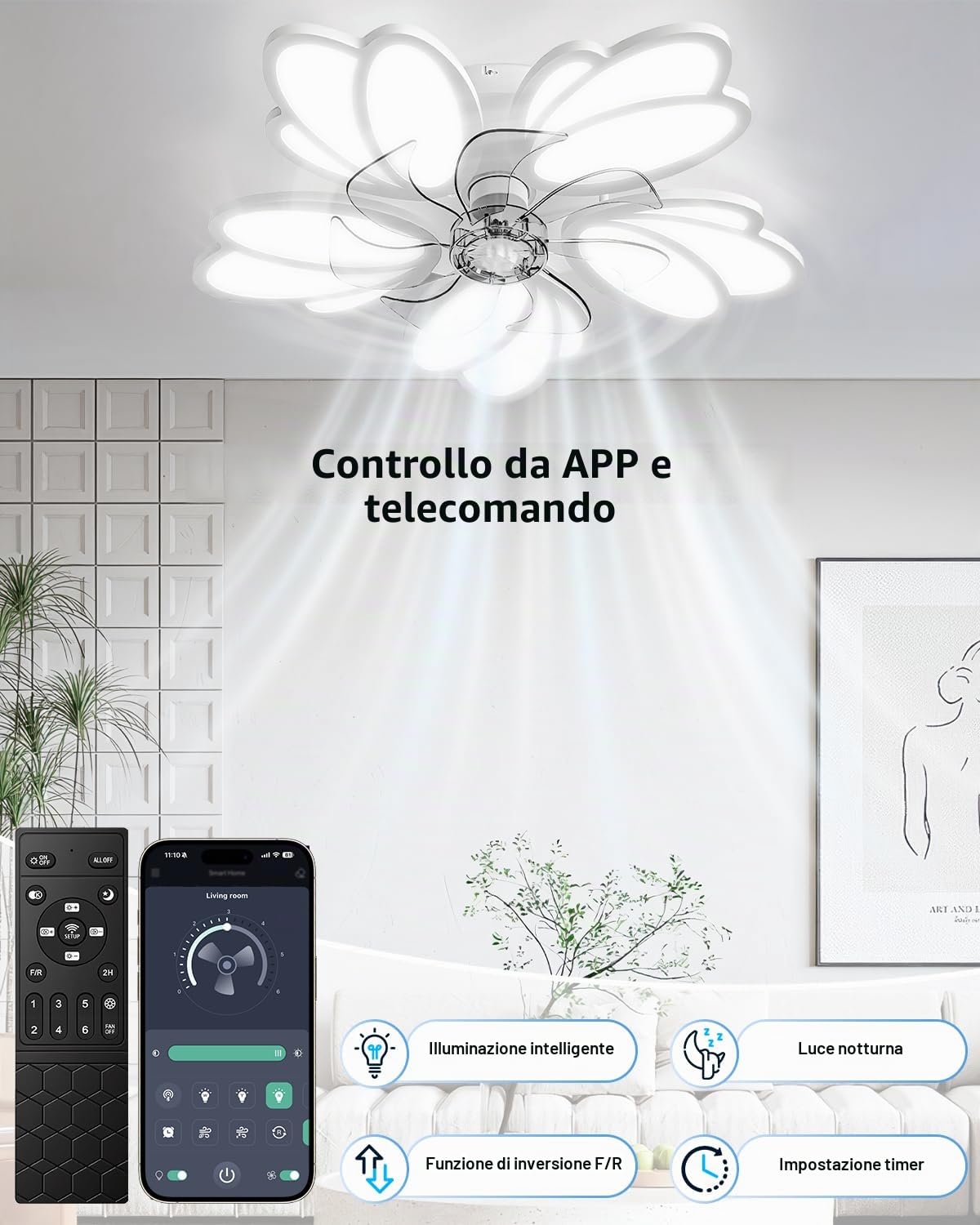 Ventilatore da Soffitto con Luce e Telecomando, 6 Velocità del Vento Regolabile, 5 Pale Lampadario con Ventola 3000K 4500K 6500K, Plafoniera con Ventilatore per Camera da Letto Soggiorno