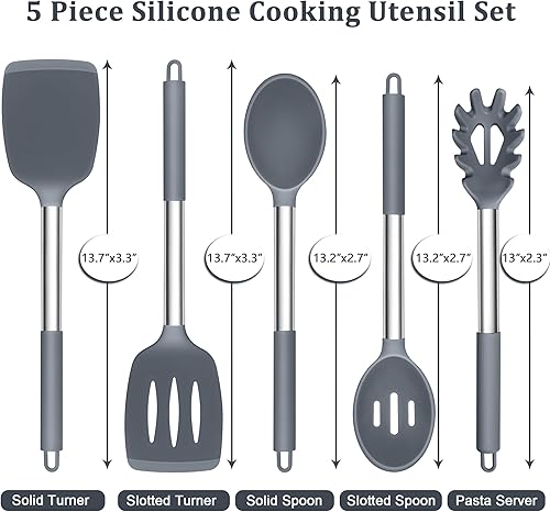 Miniatura 2 de TeamFar Juego de utensilios de cocina de silicona, 5 utensilios de cocina a prueba de calor con mango de acero inoxidable, giradorcucharaservidor de