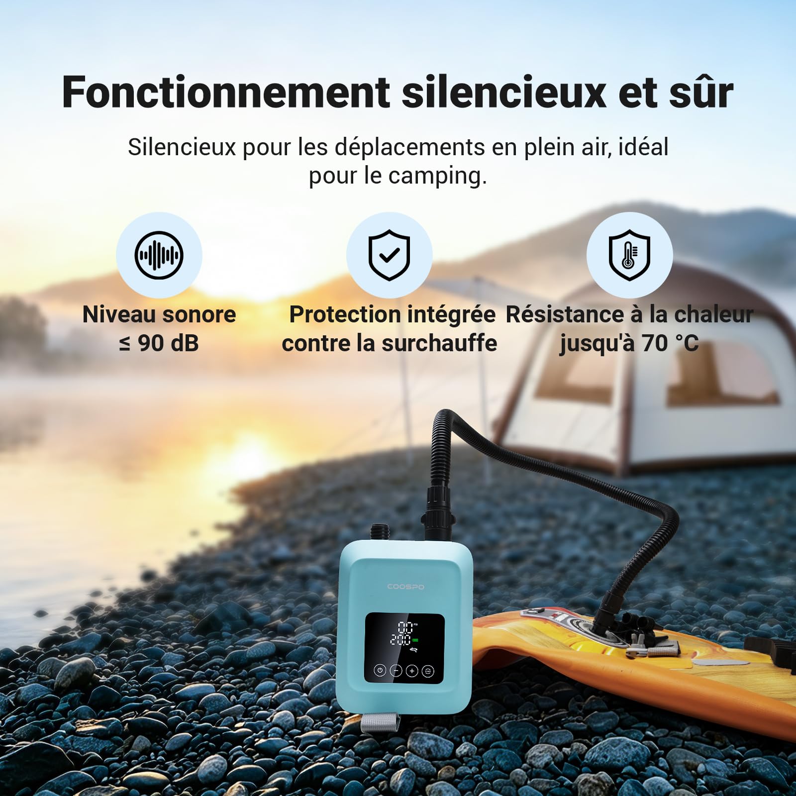 CooSpo Pompe à air électrique pour Sup gonfleur électrique Haute Pression 20 PSI alimenté par Une Batterie Rechargeable de 59,2/44,4 Wh adaptée aux Kayaks et aux Planches de Paddleboard