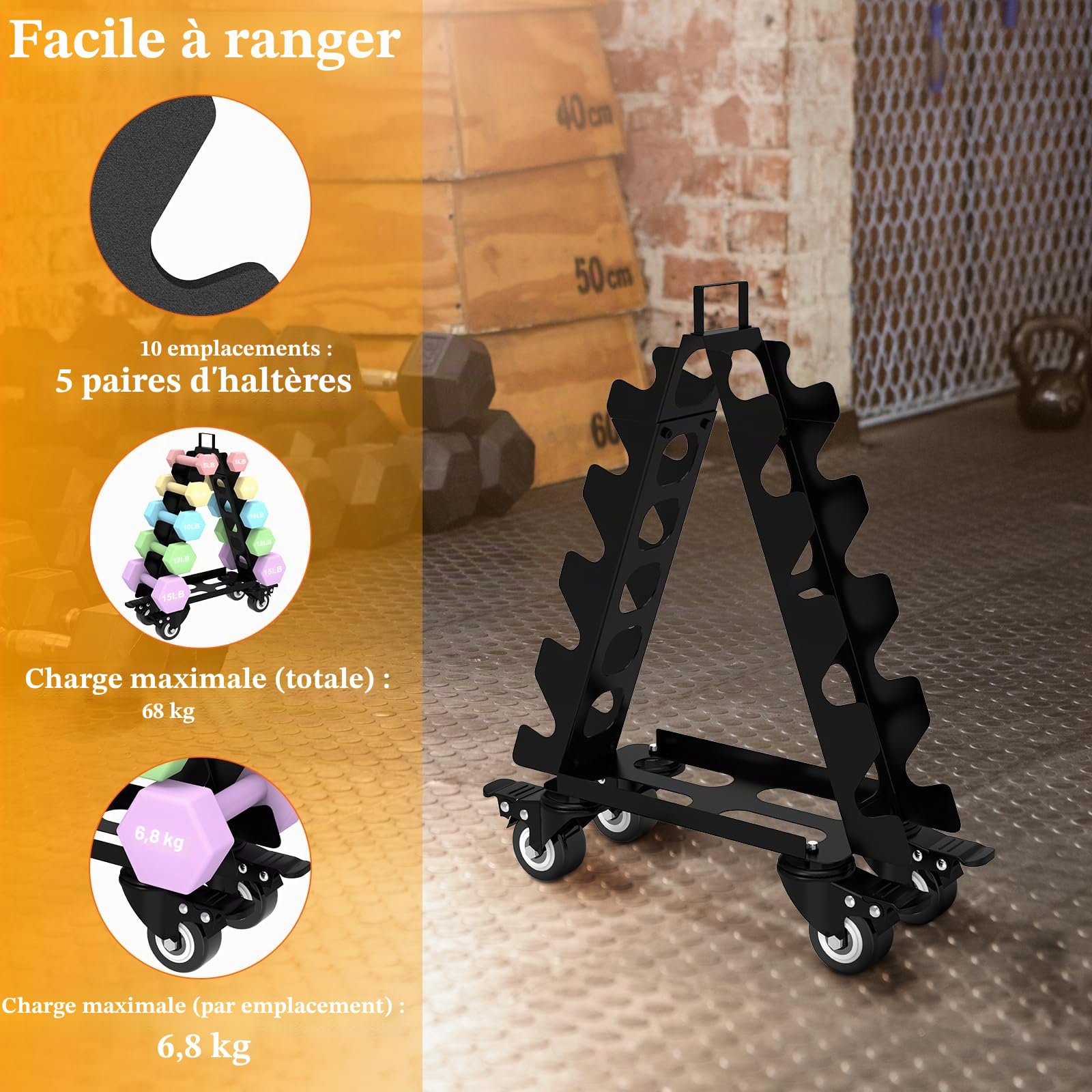 Support d'haltères courts Avec roues-Organiseur de rangement pour haltères - Accessoires de gymnastique - Parfait pour la salle de sport à la maison -Pour enfants/femmes