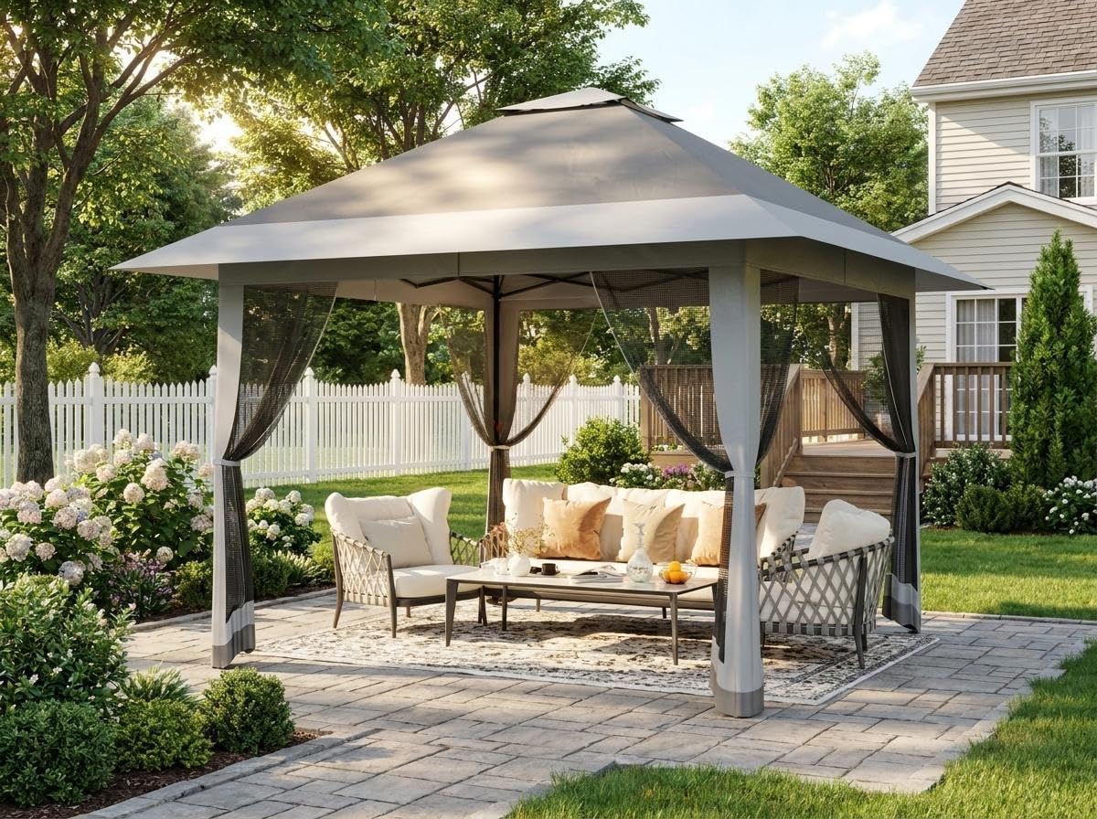 Garvee 13x13 ft Canopy Tent, Gazebo One-Push Setup Pop Up Tent with Mosquito Netting & Height Adjustable & 4 SandBags for Backyard, Garden, Parties, Lawns, Outdoor and BBQs (Light Gray)