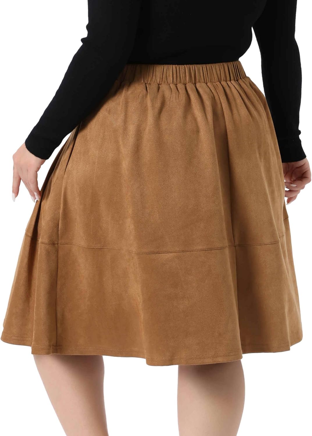 Agnes Orinda Plus Size Faux Suede Skirt for Women High Waist A Line with Pockets Elastic Midi Skirts - Image 4