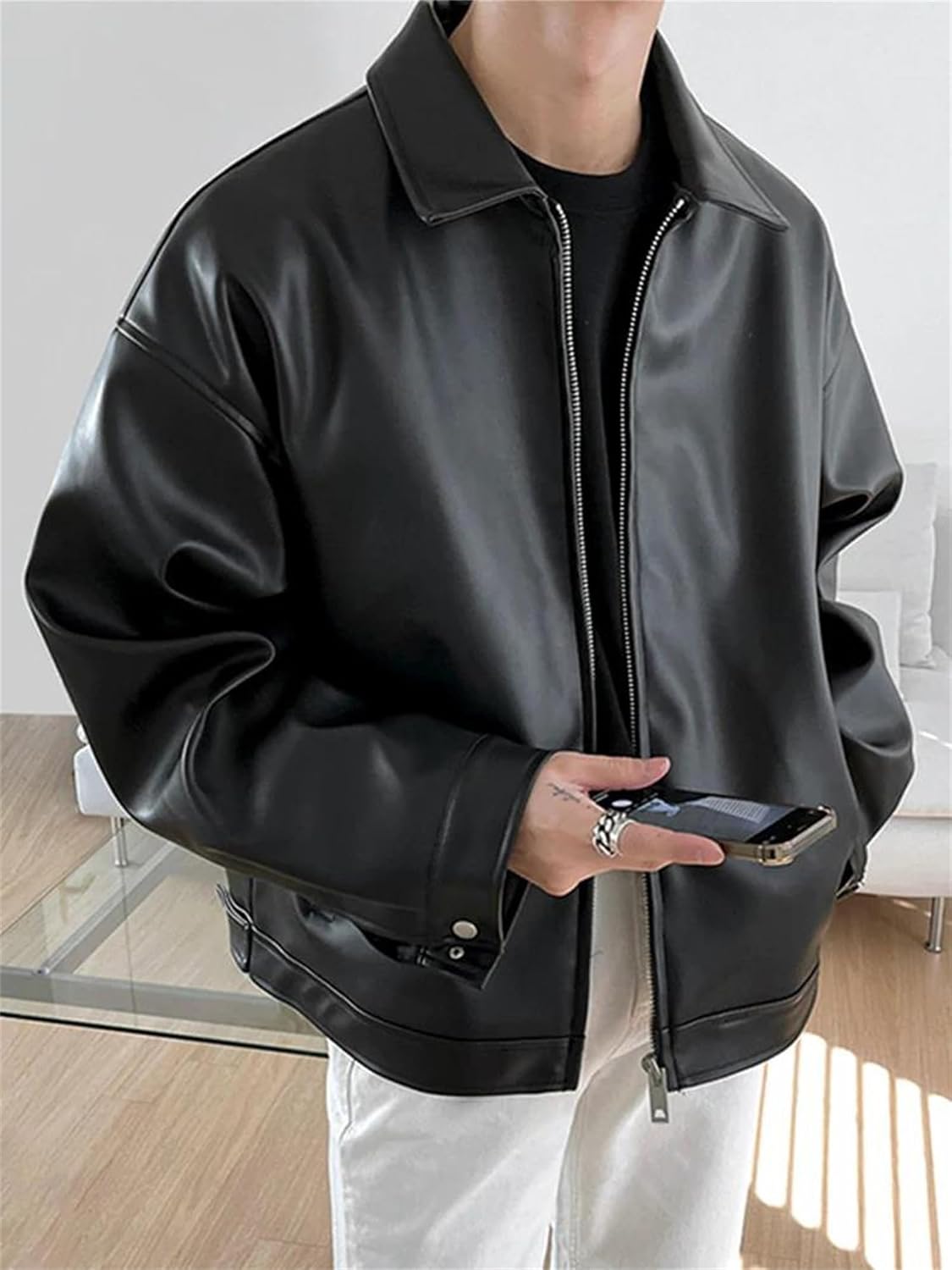Men's Lightweight Pu Leather Jacket Turn-Down Collar Casual Short Coat With Pockets Long Sleeve Faux Leather Jacket