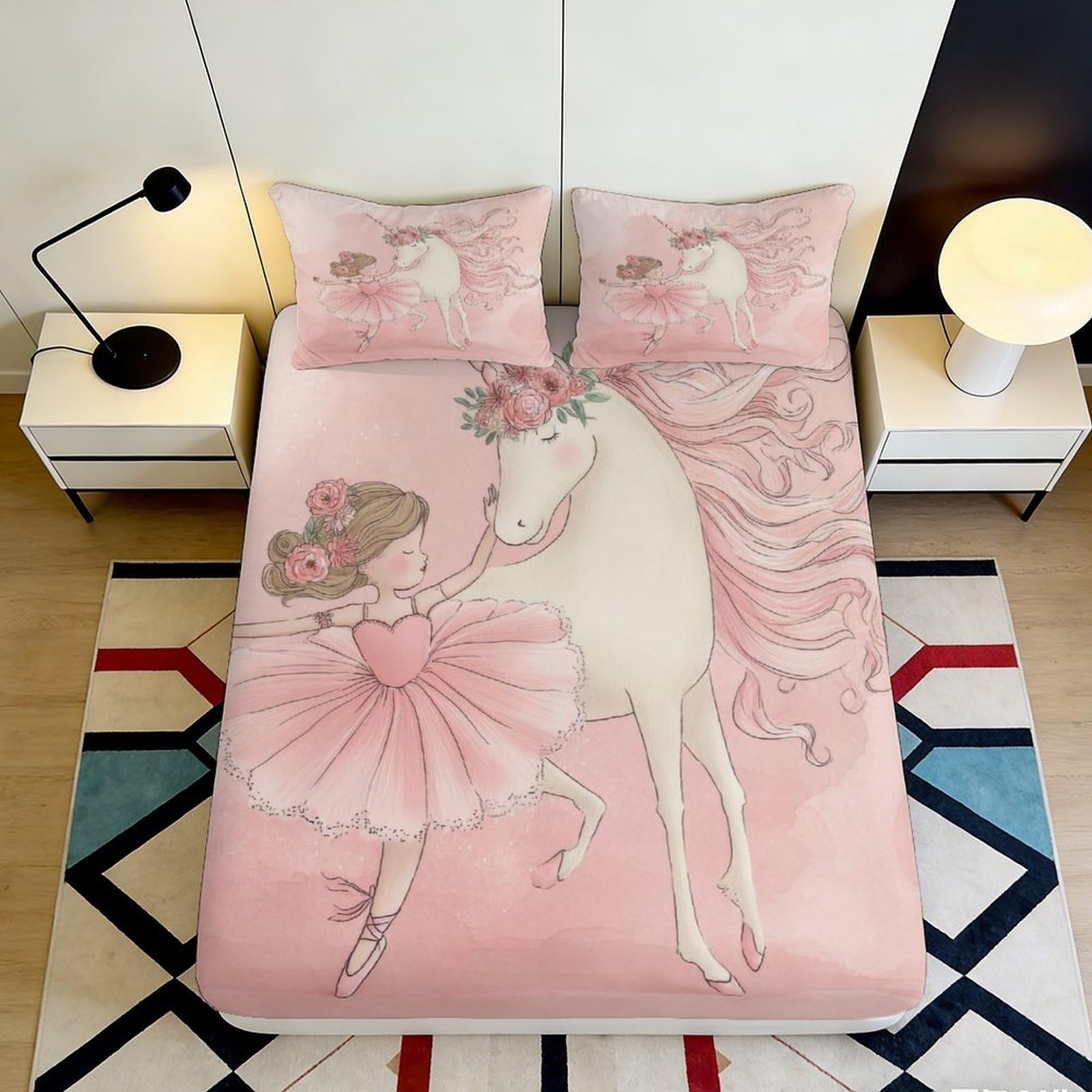 3D Printed Ballerina Unicorn Fitted Sheet Pink Microfiber Soft Anti-Slip Bed Cover for Bedroom Guest Room Dorm 90x200x25cm