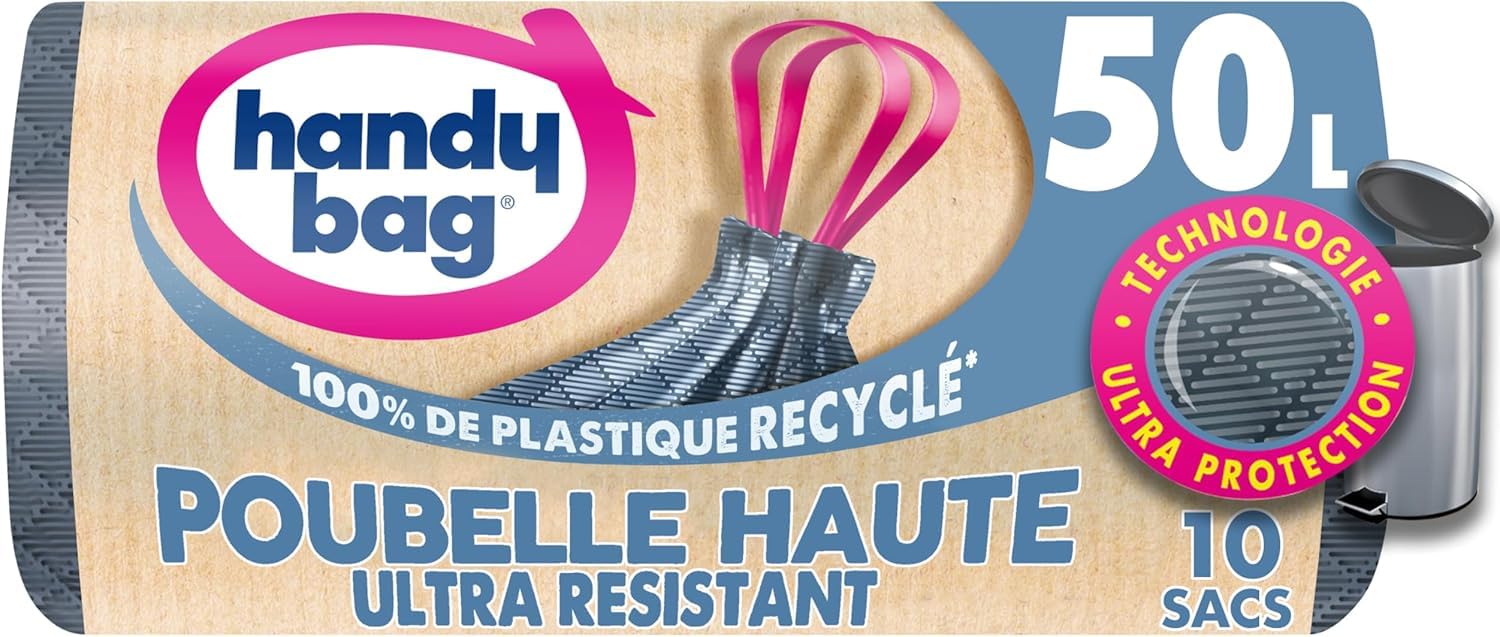 Handy Bag Sacs poubelle haute à poignées coulissantes Ultra Résistant — 50 L, 1 rouleau de 10 sacs